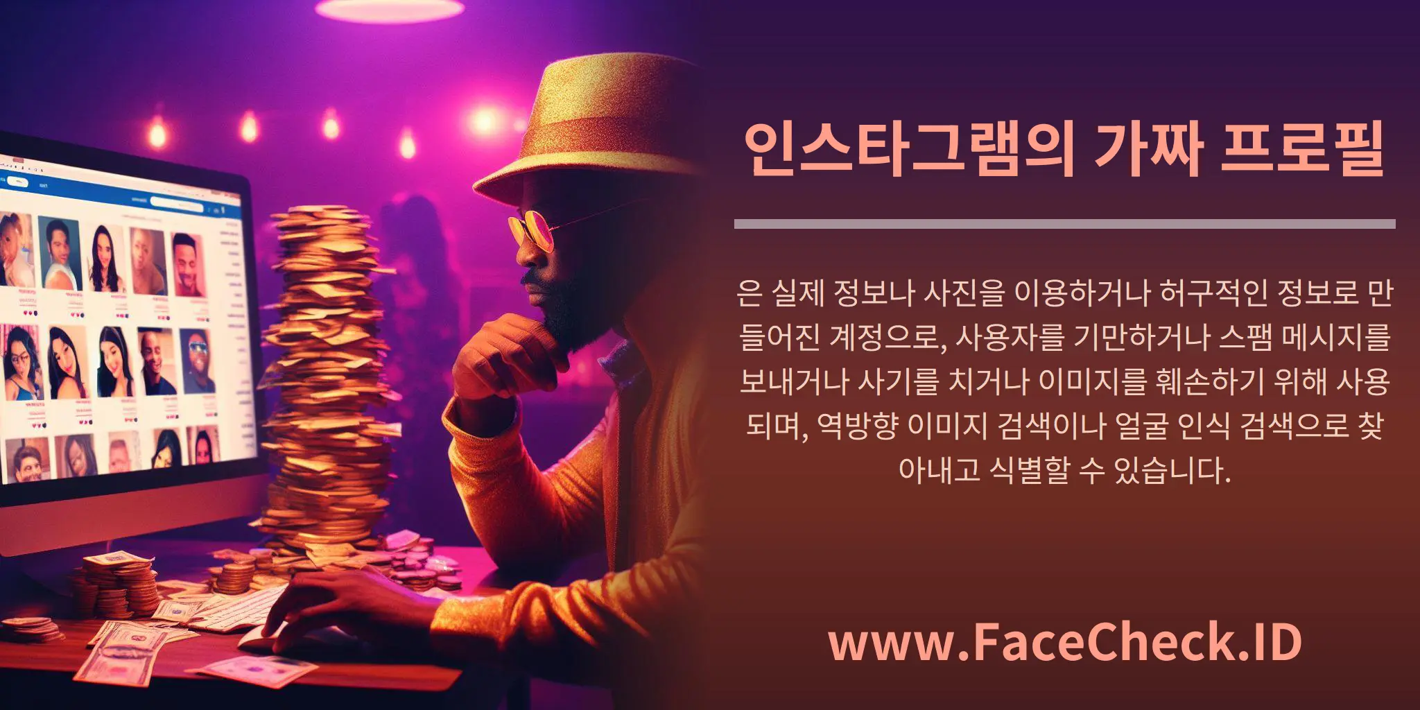 인스타그램의 가짜 프로필은 실제 정보나 사진을 이용하거나 허구적인 정보로 만들어진 계정으로, 사용자를 기만하거나 스팸 메시지를 보내거나 사기를 치거나 이미지를 훼손하기 위해 사용되며, 역방향 이미지 검색이나 얼굴 인식 검색으로 찾아내고 식별할 수 있습니다.