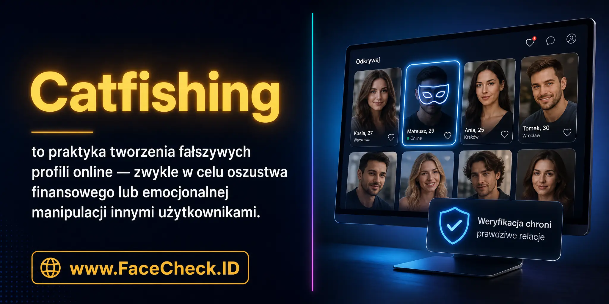Catfishing to praktyka tworzenia fałszywych profili online, zazwyczaj z celem oszustwa finansowego lub manipulacji emocjonalnej innych użytkowników.
