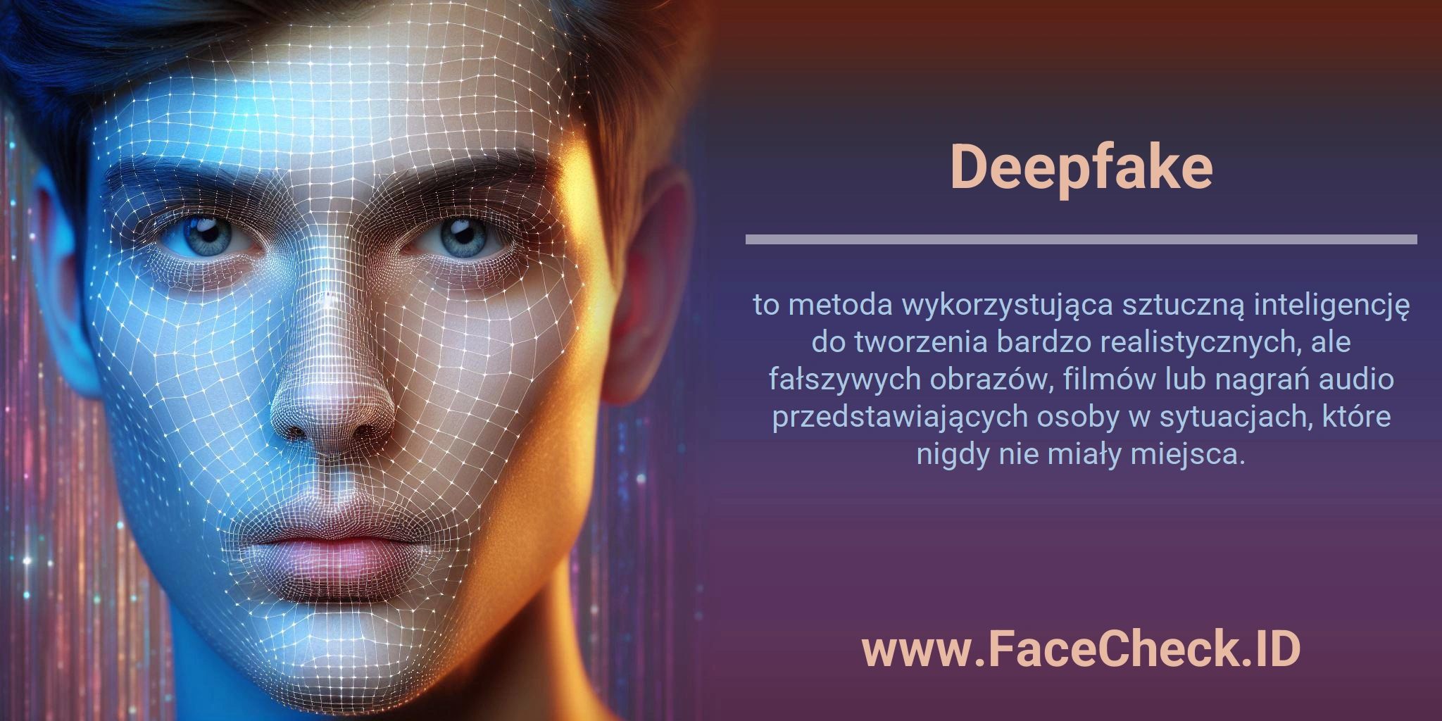 Deepfake <b>Deepfake</b> to metoda wykorzystująca sztuczną inteligencję do tworzenia bardzo realistycznych, ale fałszywych obrazów, filmów lub nagrań audio przedstawiających osoby w sytuacjach, które nigdy nie miały miejsca.