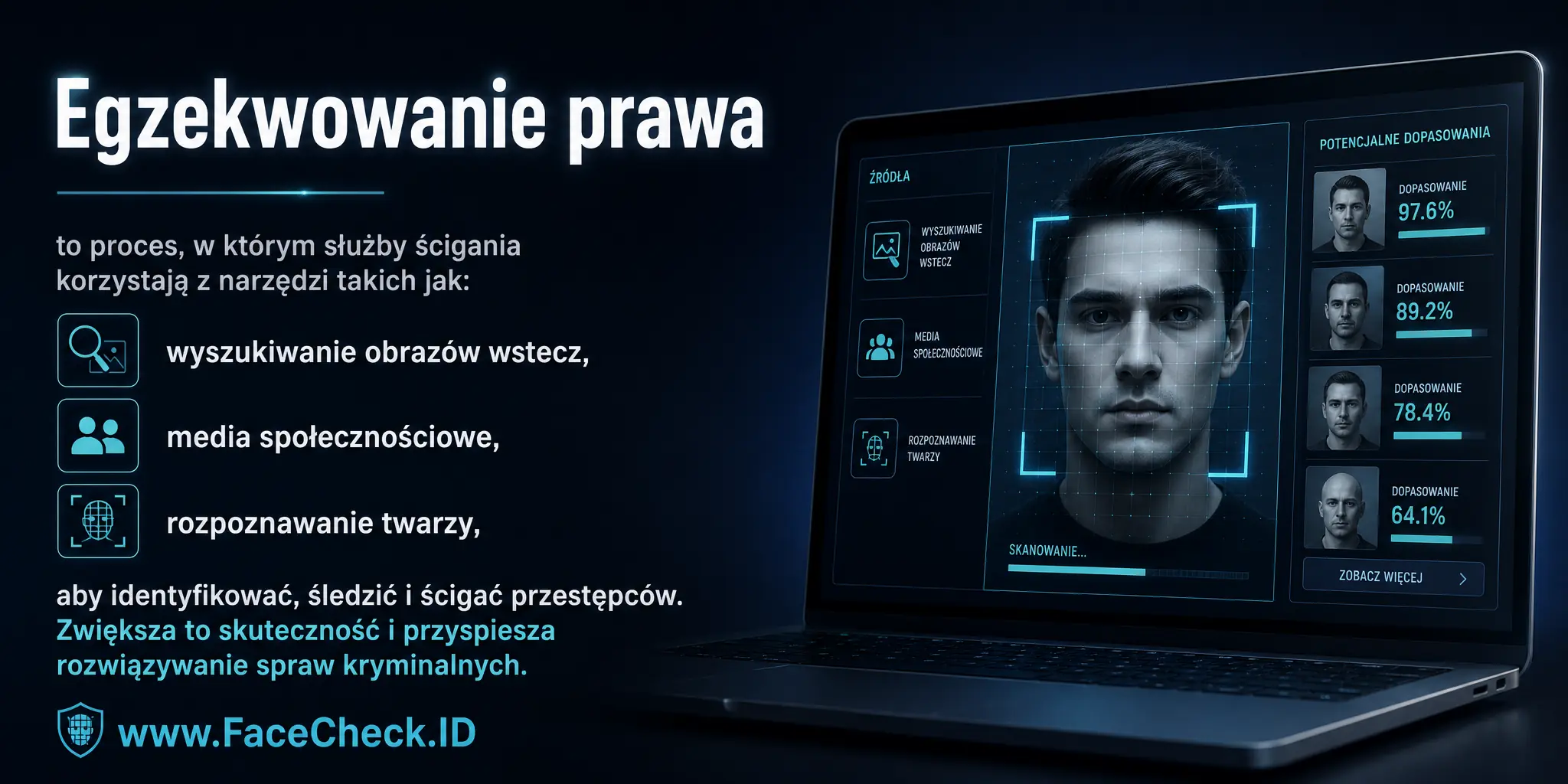 Egzekwowanie prawa to proces, w którym służby ścigania korzystają z narzędzi takich jak wyszukiwanie obrazów wstecz, media społecznościowe i rozpoznawanie twarzy, aby identyfikować, śledzić i ścigać przestępców, co przyspiesza i zwiększa skuteczność rozwiązywania spraw kryminalnych.