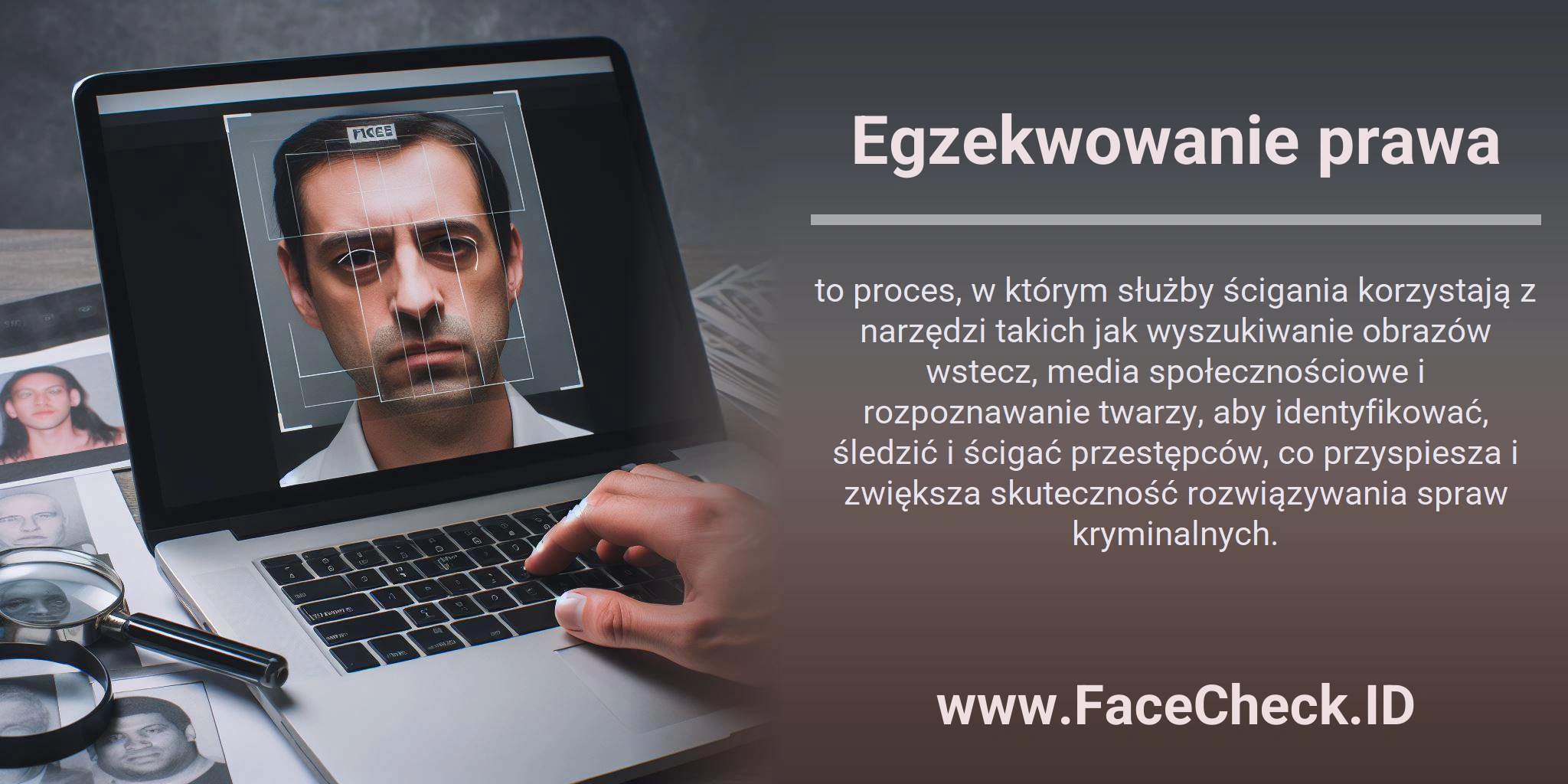 Egzekwowanie prawa to proces, w którym służby ścigania korzystają z narzędzi takich jak wyszukiwanie obrazów wstecz, media społecznościowe i rozpoznawanie twarzy, aby identyfikować, śledzić i ścigać przestępców, co przyspiesza i zwiększa skuteczność rozwiązywania spraw kryminalnych.