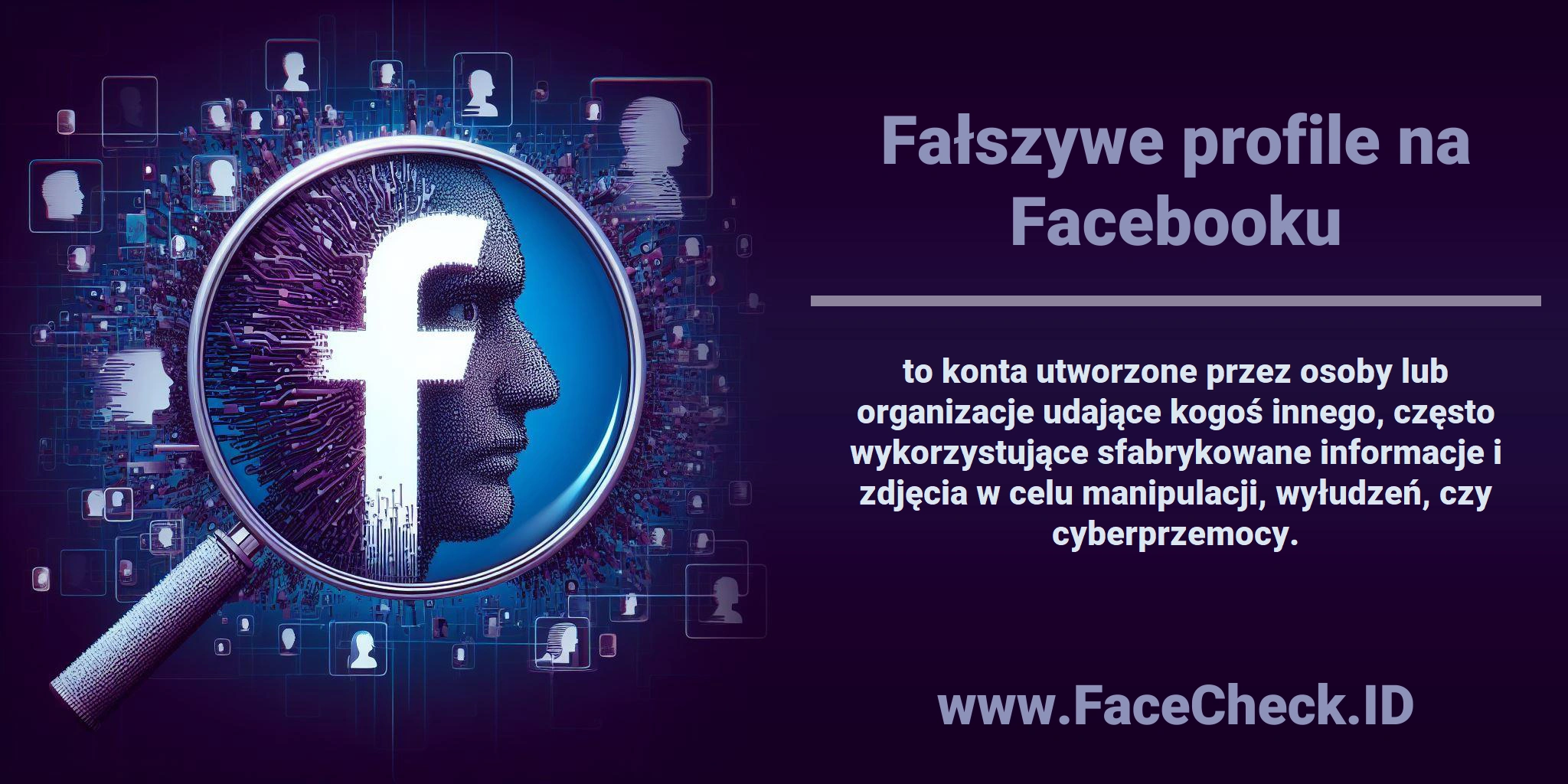 <b>Fałszywe profile na Facebooku</b> to konta utworzone przez osoby lub organizacje udające kogoś innego, często wykorzystujące sfabrykowane informacje i zdjęcia w celu manipulacji, wyłudzeń, czy cyberprzemocy.