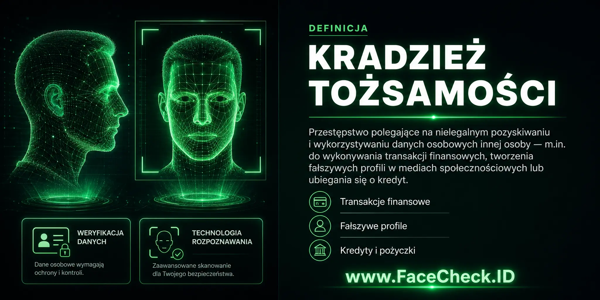 Kradzież tożsamości to przestępstwo polegające na nielegalnym zdobywaniu i wykorzystywaniu danych osobowych innej osoby, np. do dokonywania transakcji finansowych, tworzenia fałszywych profili w mediach społecznościowych czy ubiegania się o kredyty.