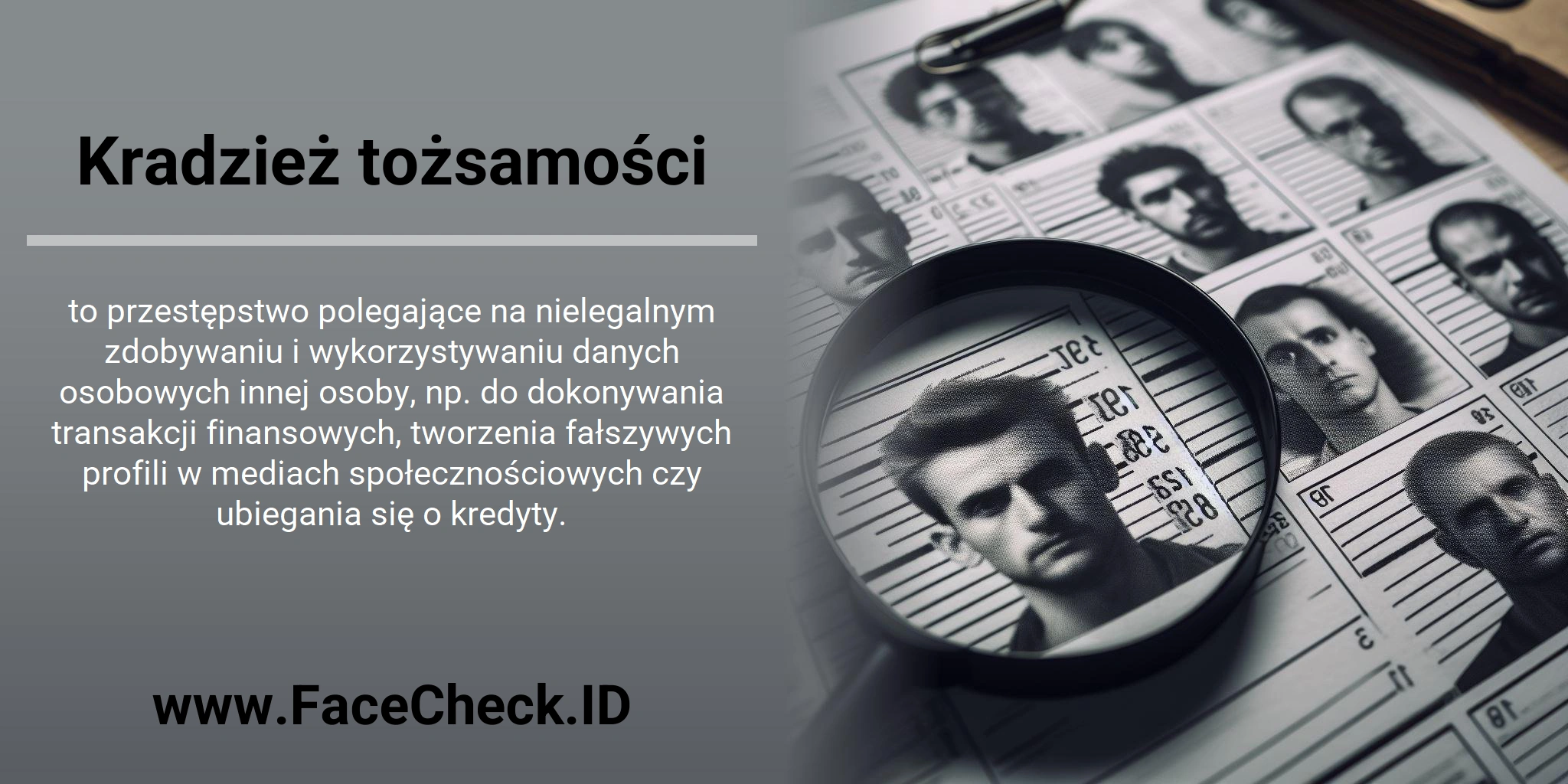 Kradzież tożsamości to przestępstwo polegające na nielegalnym zdobywaniu i wykorzystywaniu danych osobowych innej osoby, np. do dokonywania transakcji finansowych, tworzenia fałszywych profili w mediach społecznościowych czy ubiegania się o kredyty.