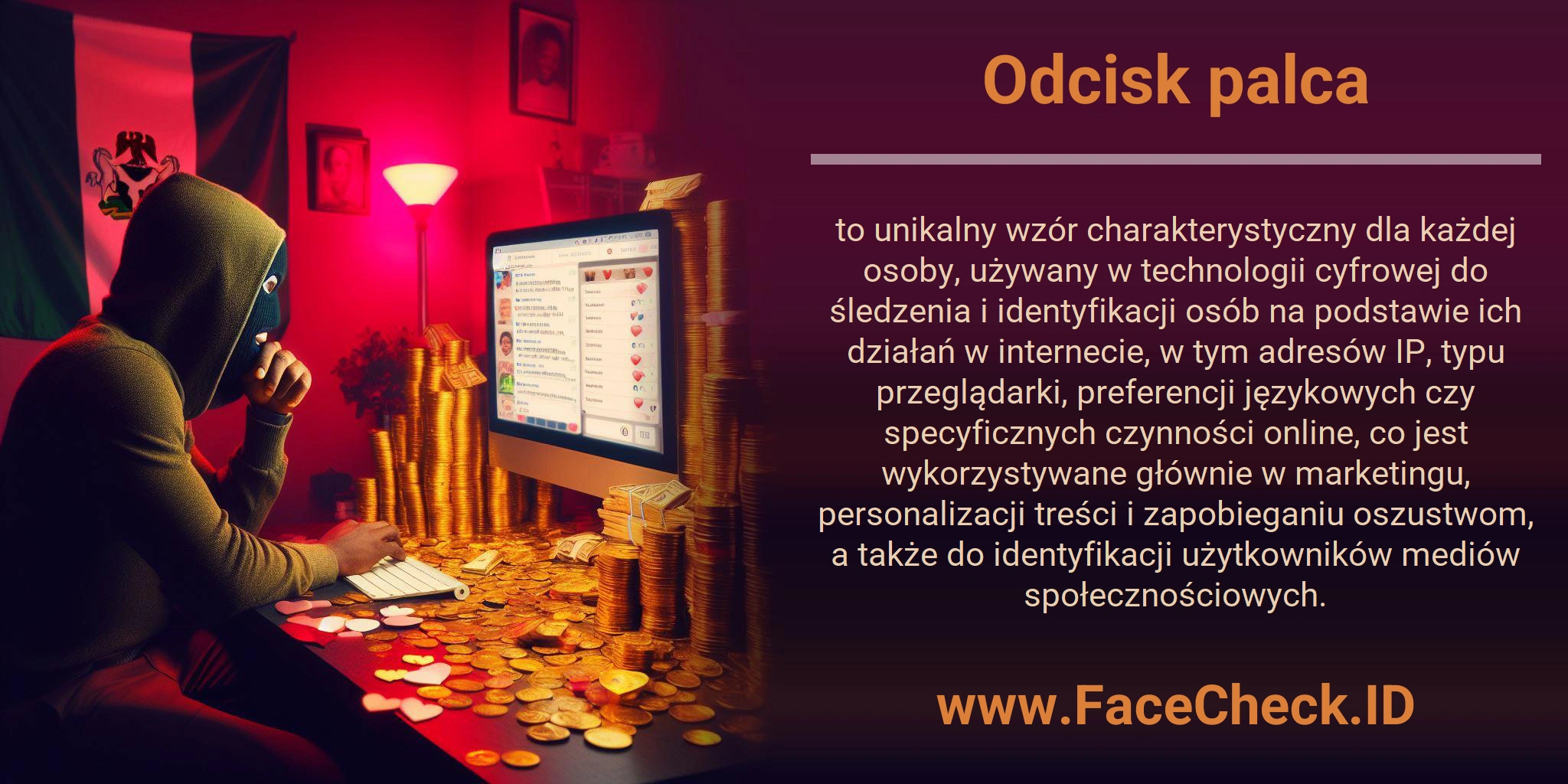Odcisk palca to unikalny wzór charakterystyczny dla każdej osoby, używany w technologii cyfrowej do śledzenia i identyfikacji osób na podstawie ich działań w internecie, w tym adresów IP, typu przeglądarki, preferencji językowych czy specyficznych czynności online, co jest wykorzystywane głównie w marketingu, personalizacji treści i zapobieganiu oszustwom, a także do identyfikacji użytkowników mediów społecznościowych.
