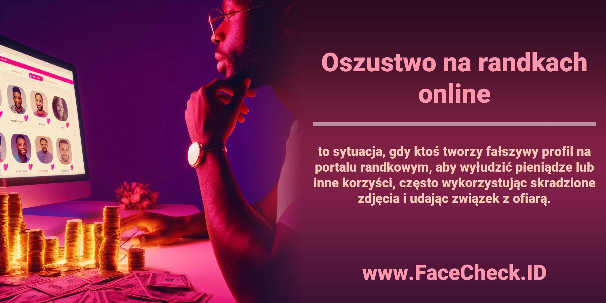 <b>Oszustwo na randkach online</b> to sytuacja, gdy ktoś tworzy fałszywy profil na portalu randkowym, aby wyłudzić pieniądze lub inne korzyści, często wykorzystując skradzione zdjęcia i udając związek z ofiarą.