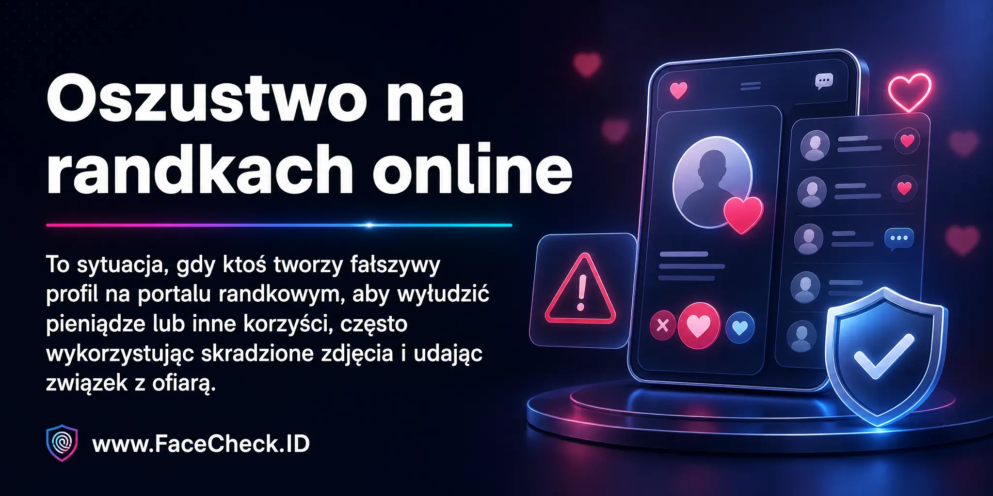 Oszustwo na randkach online to sytuacja, gdy ktoś tworzy fałszywy profil na portalu randkowym, aby wyłudzić pieniądze lub inne korzyści, często wykorzystując skradzione zdjęcia i udając związek z ofiarą.