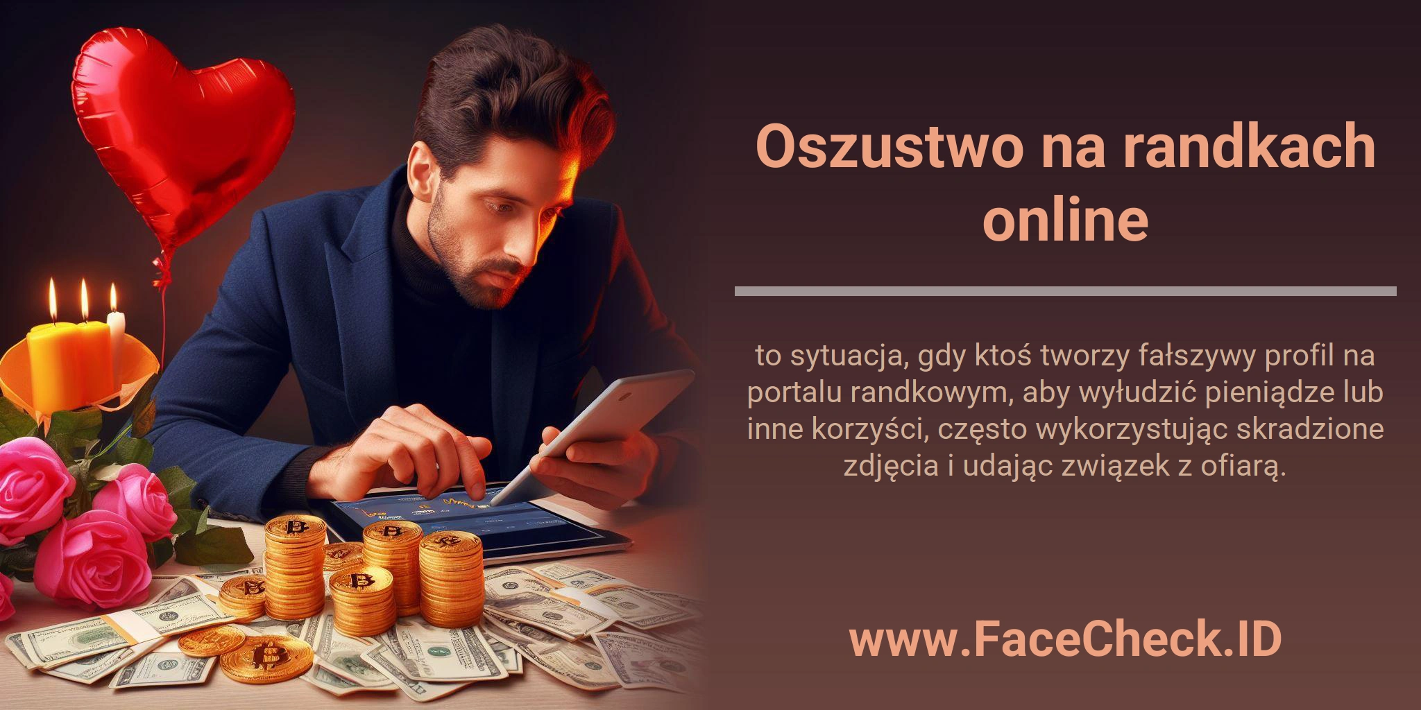 Oszustwo na randkach online to sytuacja, gdy ktoś tworzy fałszywy profil na portalu randkowym, aby wyłudzić pieniądze lub inne korzyści, często wykorzystując skradzione zdjęcia i udając związek z ofiarą.