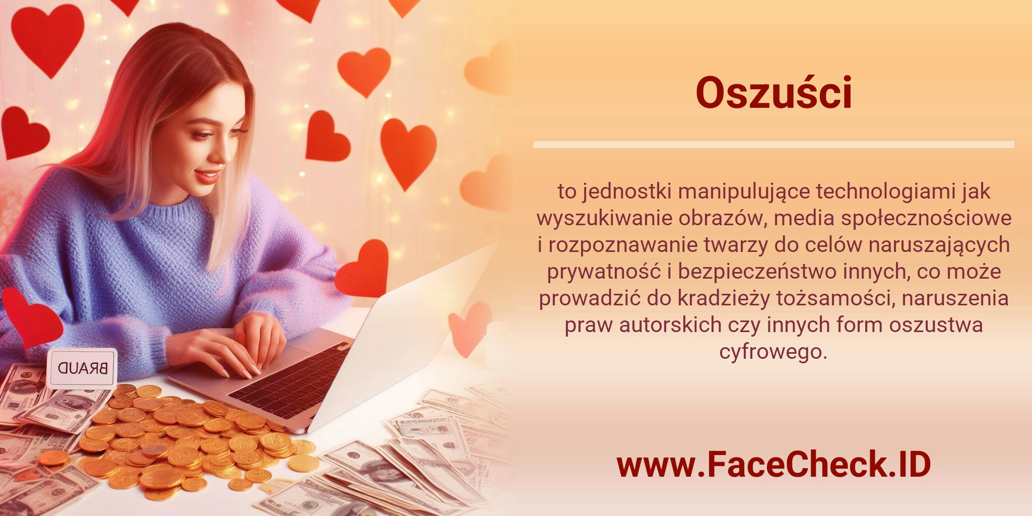 Oszuści to jednostki manipulujące technologiami jak wyszukiwanie obrazów, media społecznościowe i rozpoznawanie twarzy do celów naruszających prywatność i bezpieczeństwo innych, co może prowadzić do kradzieży tożsamości, naruszenia praw autorskich czy innych form oszustwa cyfrowego.