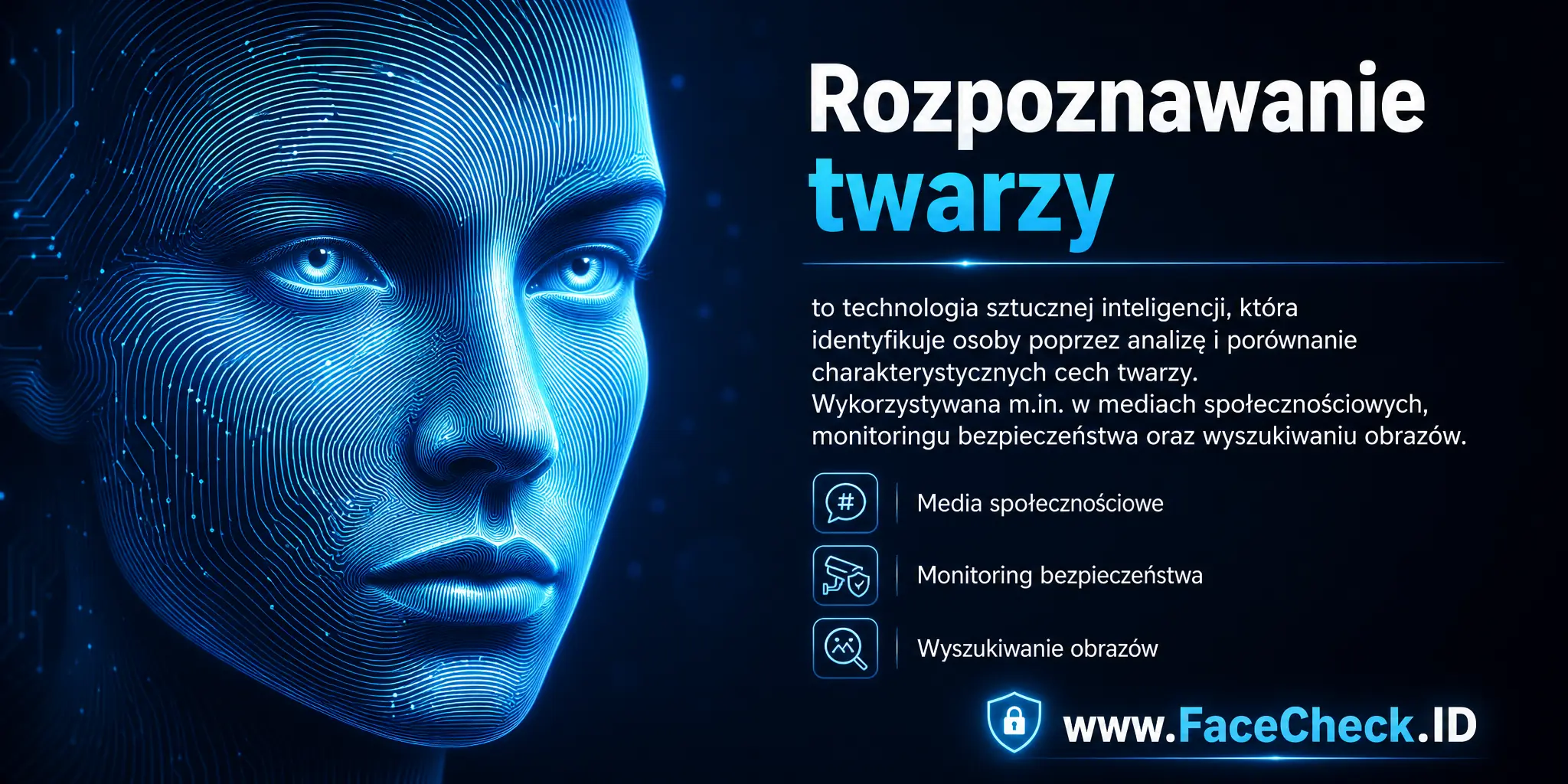 Rozpoznawanie twarzy to technologia sztucznej inteligencji, która identyfikuje osoby poprzez analizę i porównanie charakterystycznych cech twarzy, wykorzystywana m.in. w social mediach, monitoringu bezpieczeństwa czy wyszukiwaniu obrazów.