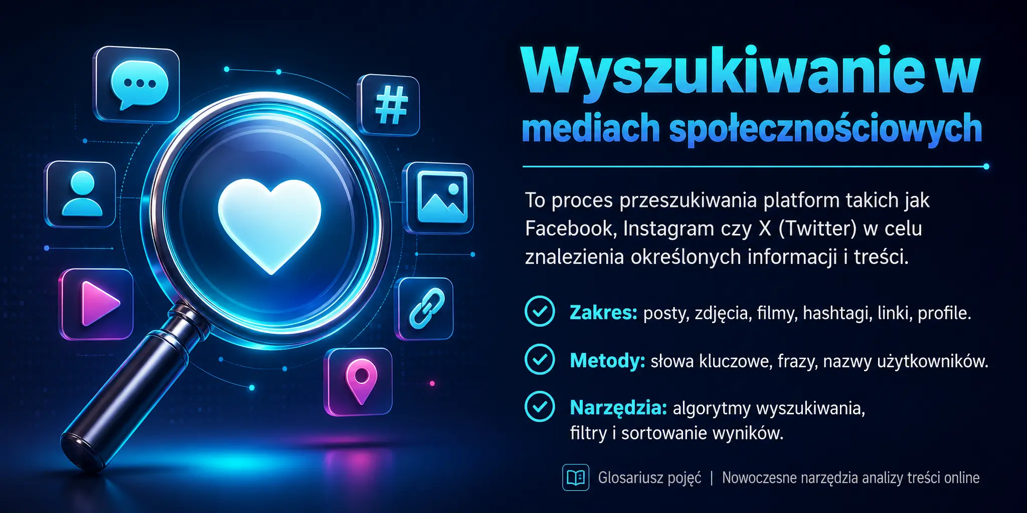Wyszukiwanie w mediach społecznościowych to proces przeszukiwania platform takich jak Facebook, Instagram czy Twitter w celu znalezienia określonej informacji lub treści, co może obejmować przeszukiwanie postów, zdjęć, filmów, hashtagów, linków czy profili użytkowników na podstawie słów kluczowych, fraz czy nazw użytkowników, przy użyciu zaawansowanych algorytmów i narzędzi do filtrowania i sortowania wyników.