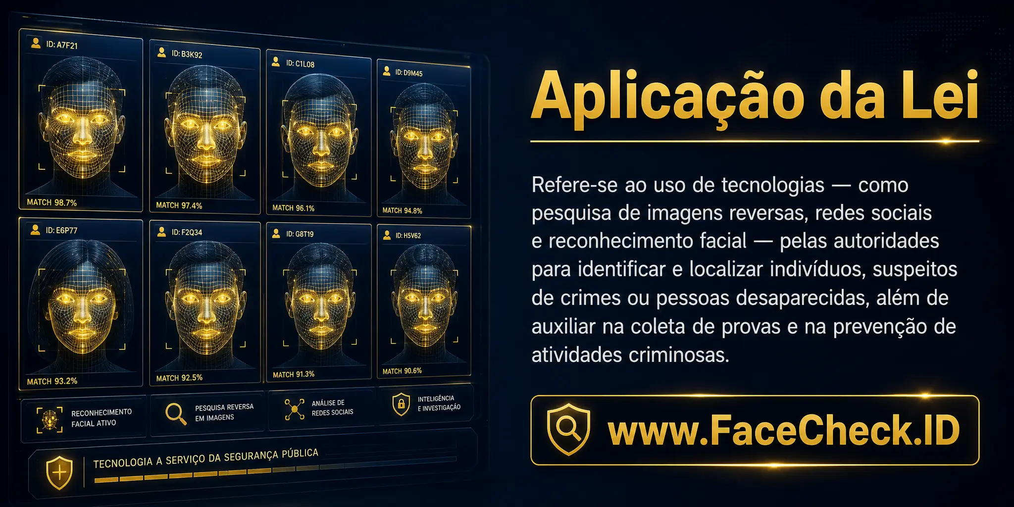 Aplicação da Lei se refere ao uso de tecnologias como pesquisa de imagens reversas, redes sociais e reconhecimento facial pelas autoridades para identificar e localizar indivíduos, suspeitos de crimes ou pessoas desaparecidas, além de auxiliar na coleta de provas e prevenção de atividades criminosas.