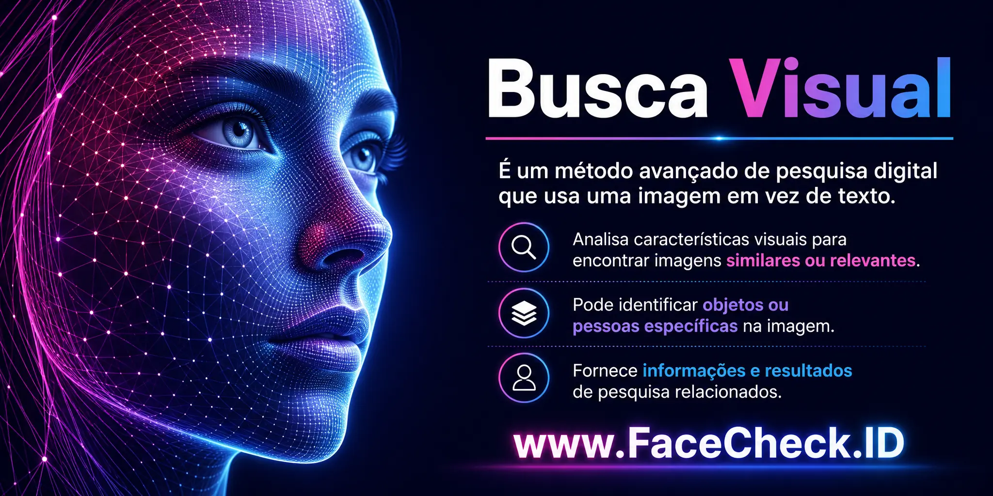 Busca Visual é um método avançado de pesquisa digital que usa uma imagem em vez de texto, analisando suas características para encontrar imagens similares ou relevantes, e pode identificar objetos ou pessoas específicas na imagem, fornecendo informações ou resultados de pesquisa relacionados.