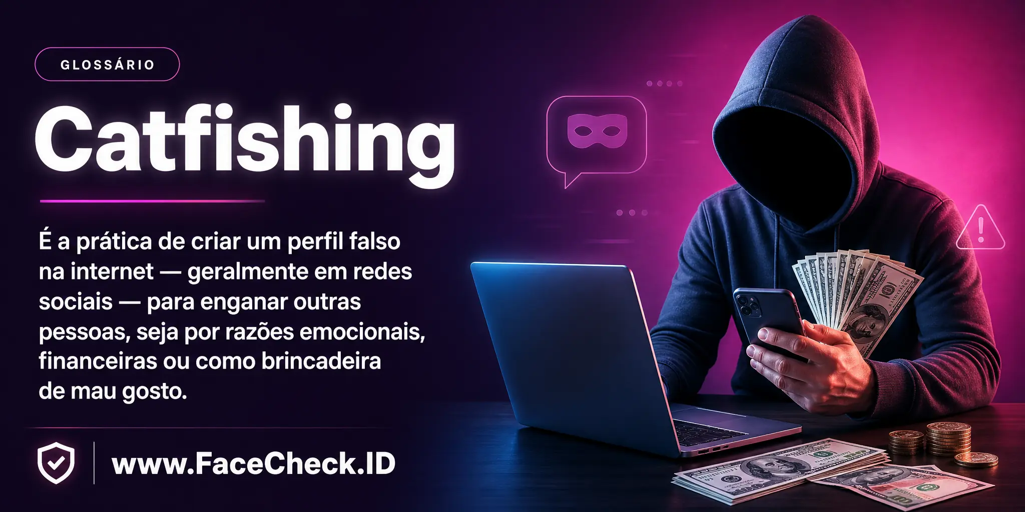 Catfishing é a prática de criar um perfil falso na internet, geralmente em redes sociais, para enganar outras pessoas, seja por razões emocionais, financeiras ou como brincadeira de mau gosto.