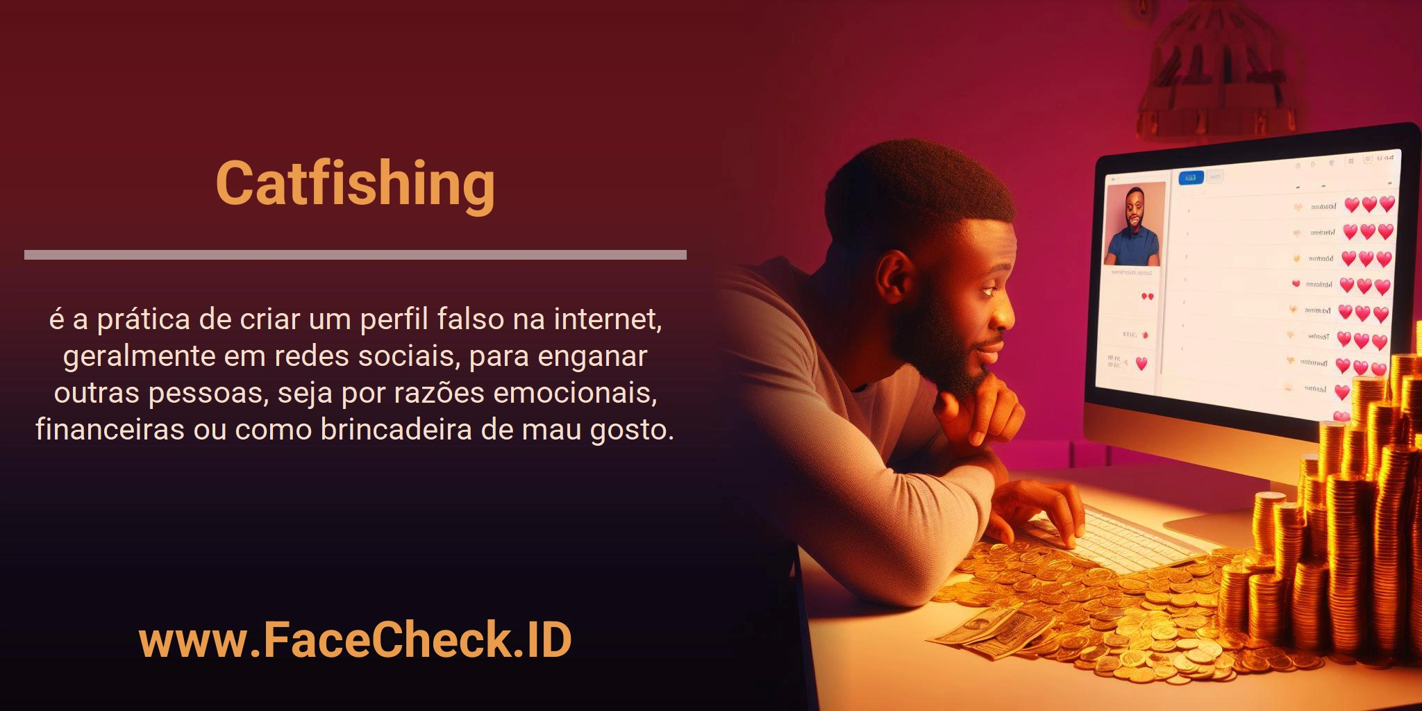 Catfishing é a prática de criar um perfil falso na internet, geralmente em redes sociais, para enganar outras pessoas, seja por razões emocionais, financeiras ou como brincadeira de mau gosto.