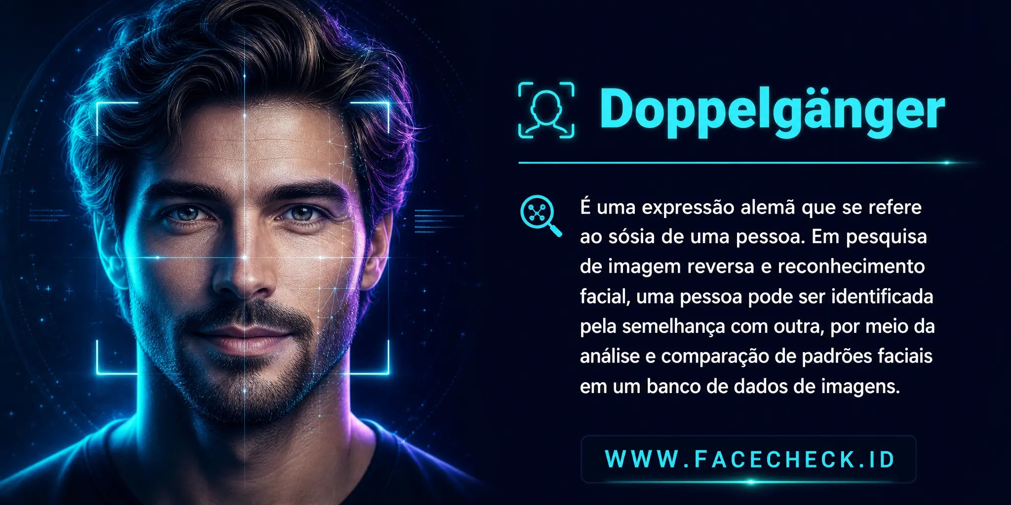 Doppelgänger é uma expressão alemã que se refere a um sósia de uma pessoa, sendo que na pesquisa de imagem reversa e reconhecimento facial, essa pessoa pode ser identificada pela semelhança com outra, através da análise e comparação de padrões faciais em um banco de dados de imagens.