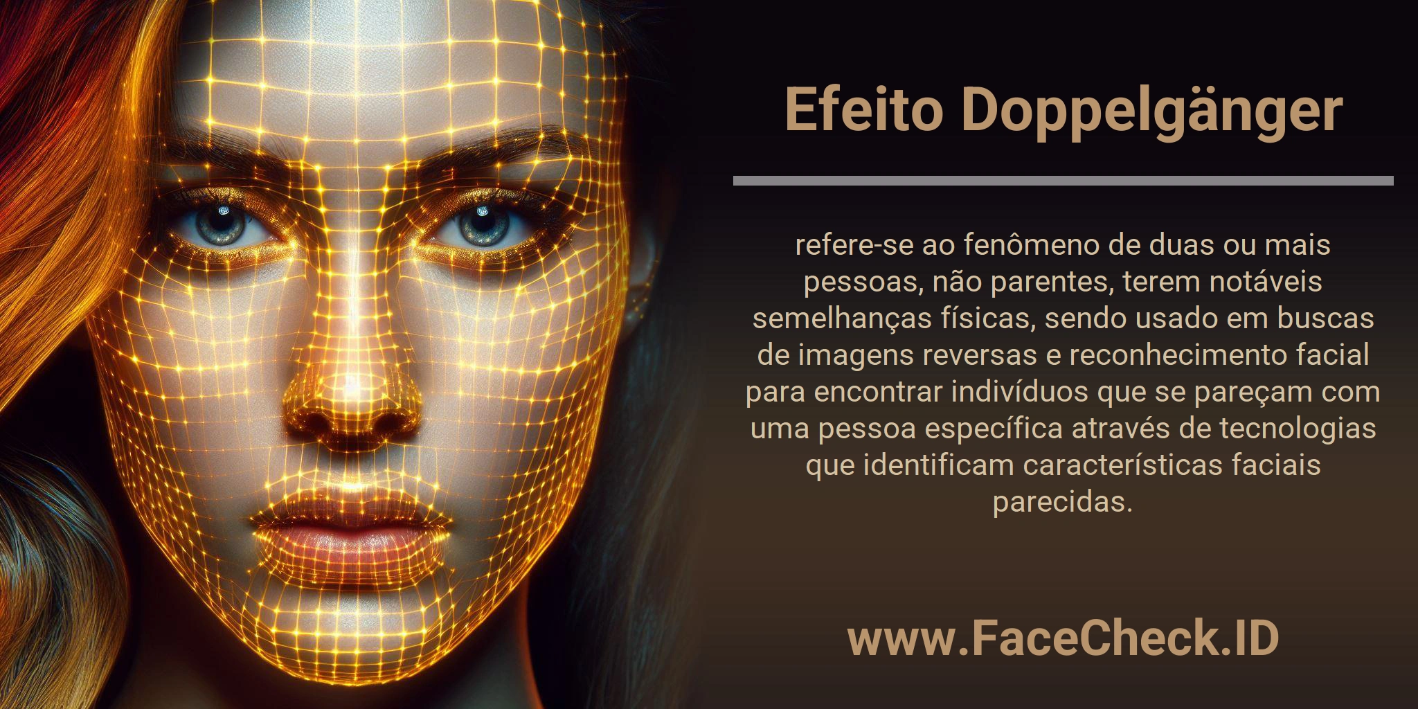 Efeito Doppelgänger refere-se ao fenômeno de duas ou mais pessoas, não parentes, terem notáveis semelhanças físicas, sendo usado em buscas de imagens reversas e reconhecimento facial para encontrar indivíduos que se pareçam com uma pessoa específica através de tecnologias que identificam características faciais parecidas.