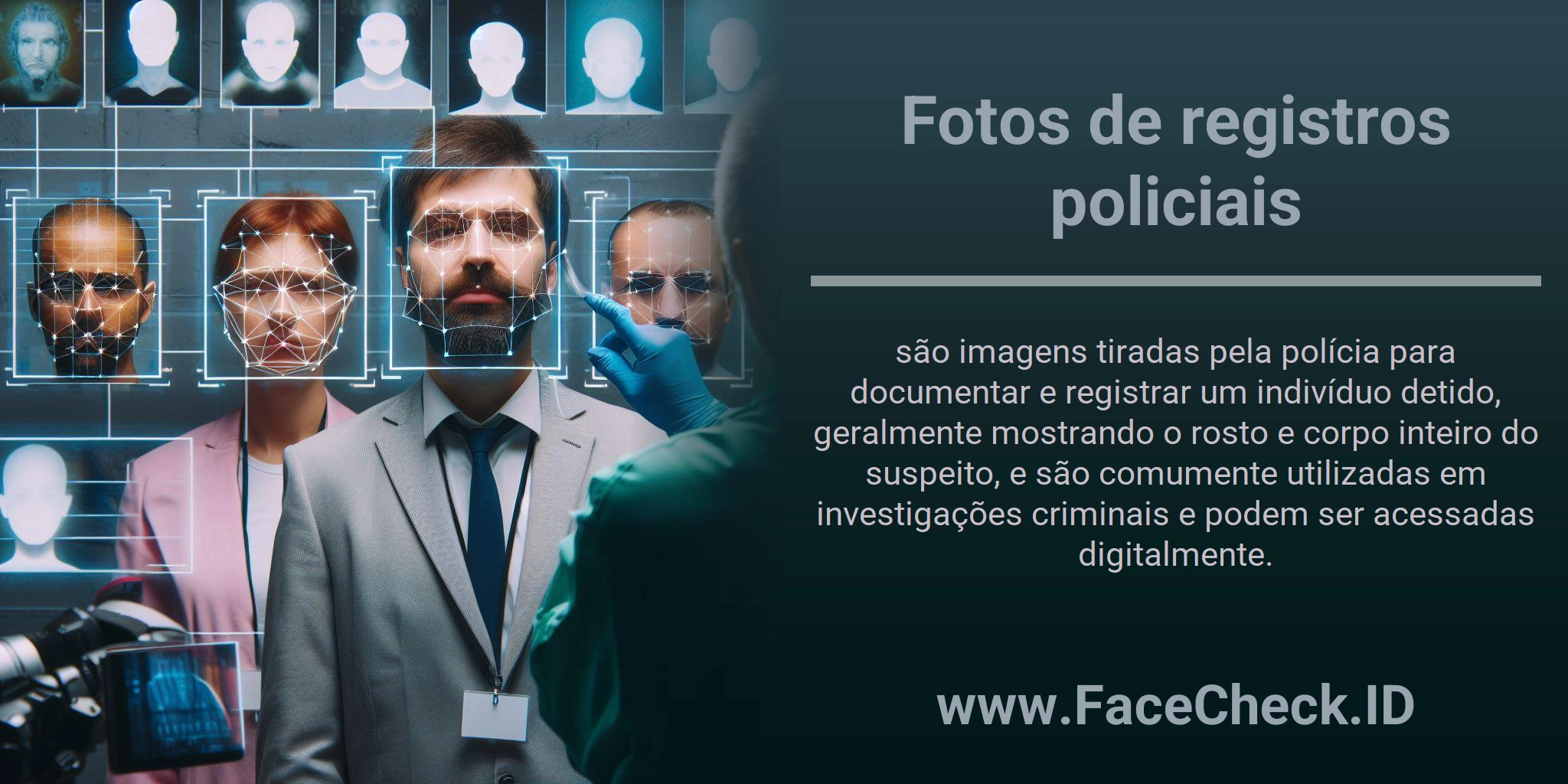 Fotos de registros policiais são imagens tiradas pela polícia para documentar e registrar um indivíduo detido, geralmente mostrando o rosto e corpo inteiro do suspeito, e são comumente utilizadas em investigações criminais e podem ser acessadas digitalmente.
