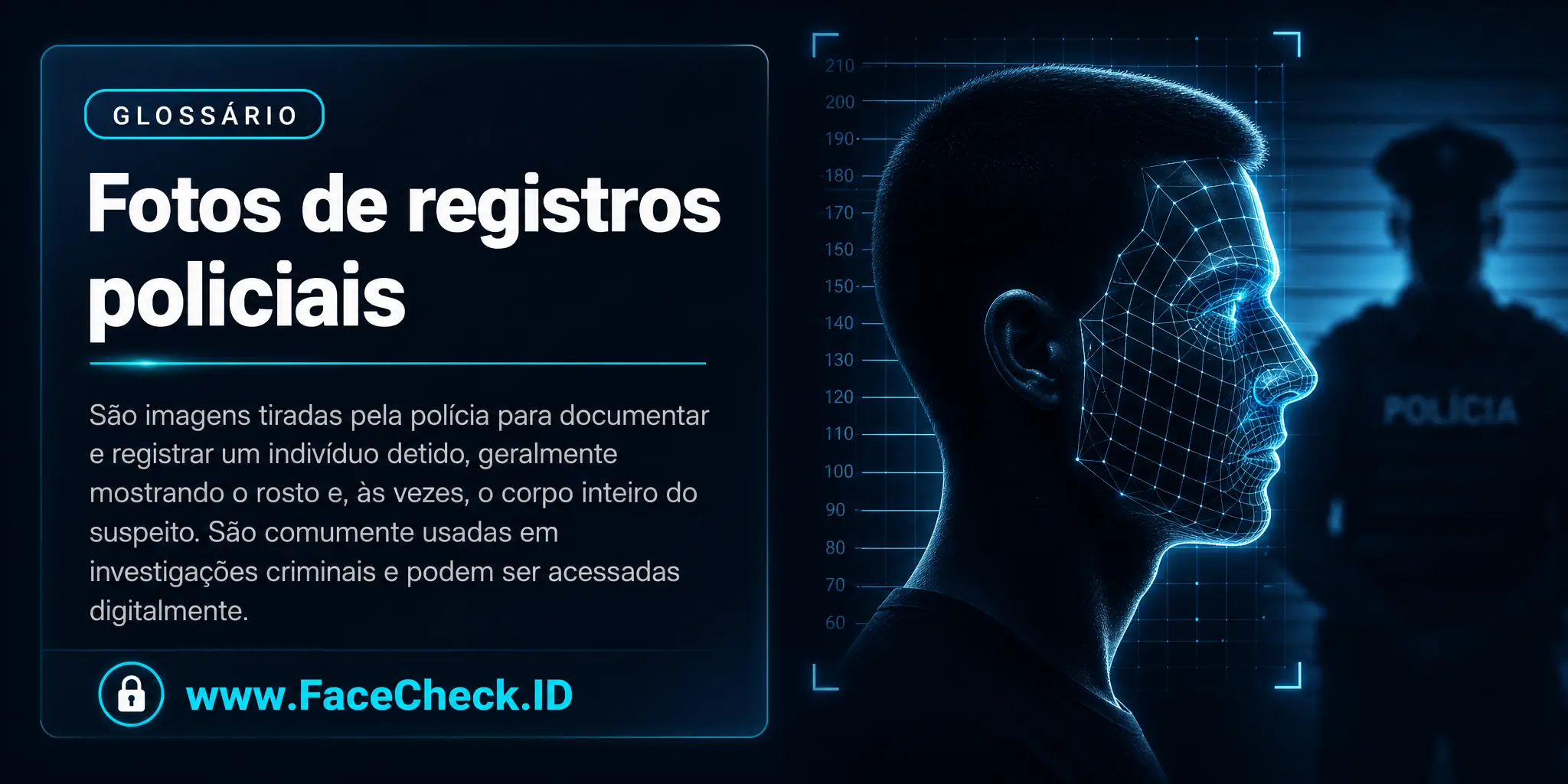 Fotos de registros policiais são imagens tiradas pela polícia para documentar e registrar um indivíduo detido, geralmente mostrando o rosto e corpo inteiro do suspeito, e são comumente utilizadas em investigações criminais e podem ser acessadas digitalmente.