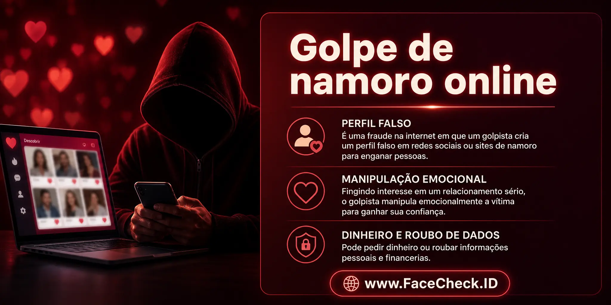 Golpe de namoro online é uma fraude na internet onde um golpista cria um perfil falso em redes sociais ou sites de namoro para enganar pessoas, fingindo interesse em um relacionamento sério e manipulando emocionalmente a vítima para ganhar sua confiança, podendo pedir dinheiro ou roubar informações pessoais e financeiras.
