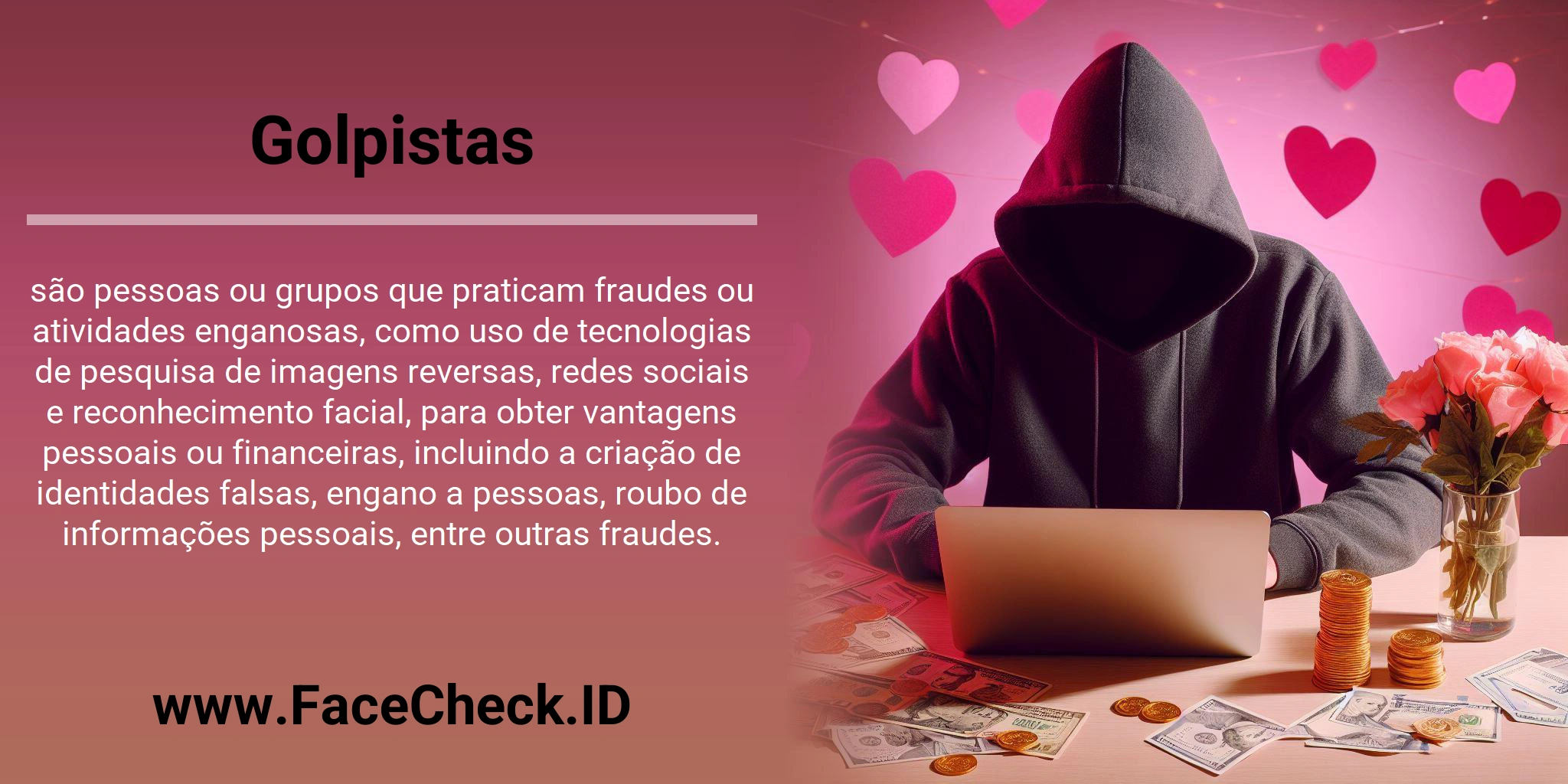 Golpistas são pessoas ou grupos que praticam fraudes ou atividades enganosas, como uso de tecnologias de pesquisa de imagens reversas, redes sociais e reconhecimento facial, para obter vantagens pessoais ou financeiras, incluindo a criação de identidades falsas, engano a pessoas, roubo de informações pessoais, entre outras fraudes.