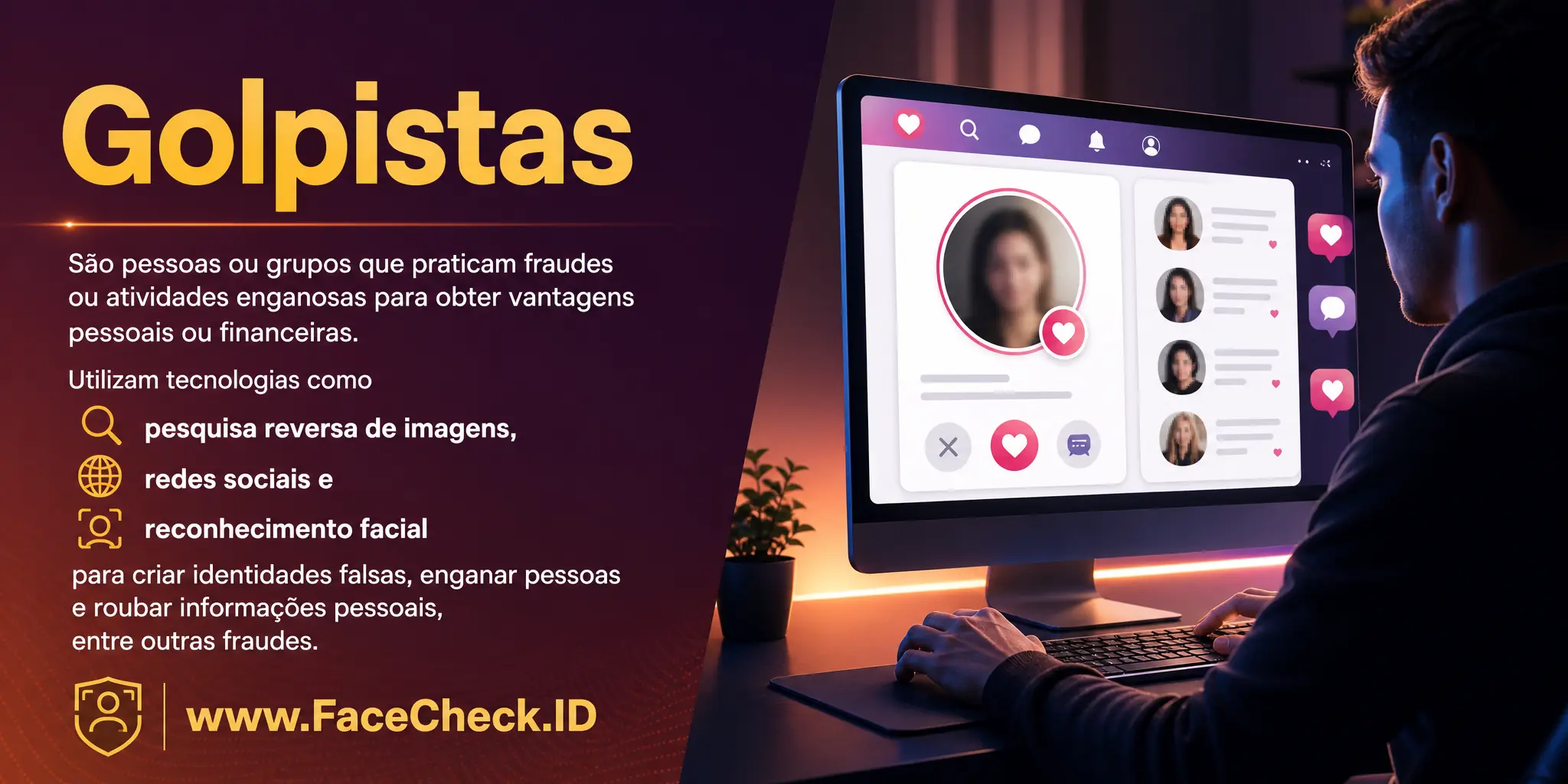 Golpistas são pessoas ou grupos que praticam fraudes ou atividades enganosas, como uso de tecnologias de pesquisa de imagens reversas, redes sociais e reconhecimento facial, para obter vantagens pessoais ou financeiras, incluindo a criação de identidades falsas, engano a pessoas, roubo de informações pessoais, entre outras fraudes.