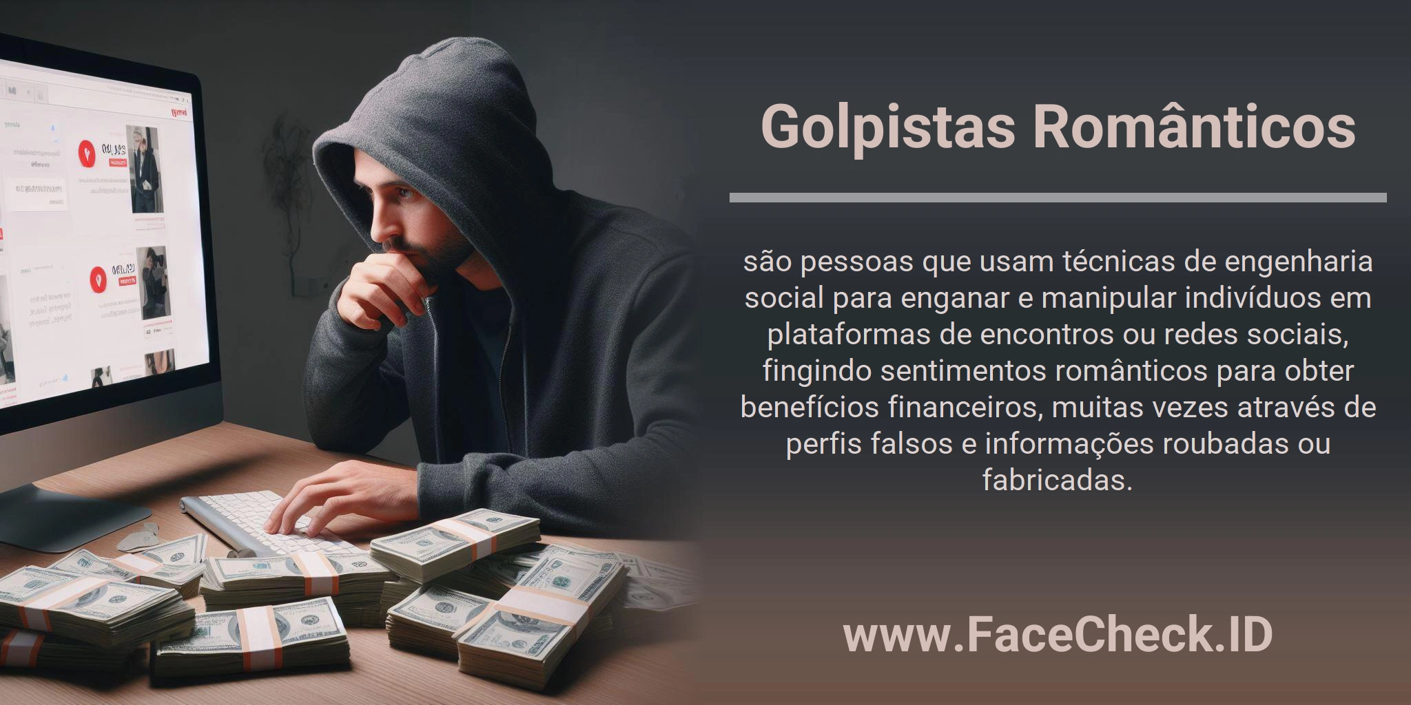 Golpistas Românticos são pessoas que usam técnicas de engenharia social para enganar e manipular indivíduos em plataformas de encontros ou redes sociais, fingindo sentimentos românticos para obter benefícios financeiros, muitas vezes através de perfis falsos e informações roubadas ou fabricadas.
