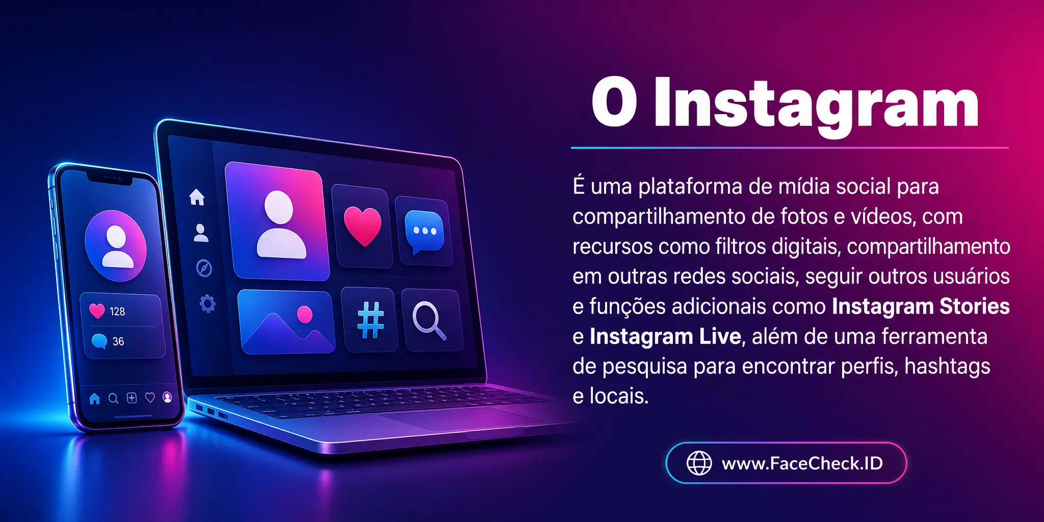 O Instagram é uma plataforma de mídia social para compartilhamento de fotos e vídeos, com recursos como filtros digitais, compartilhamento em outras redes sociais, seguimento de outros usuários e funções adicionais como 'Instagram Stories' e 'Instagram Live', além de uma ferramenta de pesquisa para encontrar perfis, hashtags e locais.