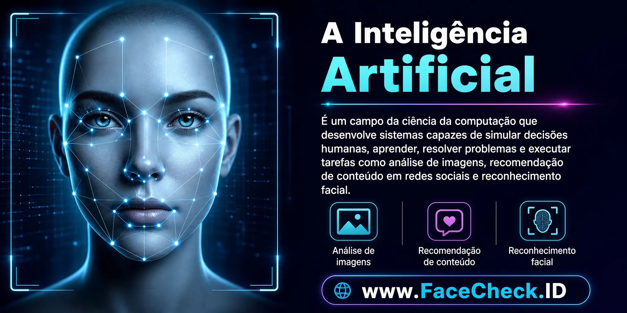 A Inteligência Artificial é um campo da ciência da computação que cria sistemas capazes de simular decisões humanas, resolver problemas, aprender e realizar tarefas como análise de imagens, recomendação de conteúdo em redes sociais e reconhecimento facial.