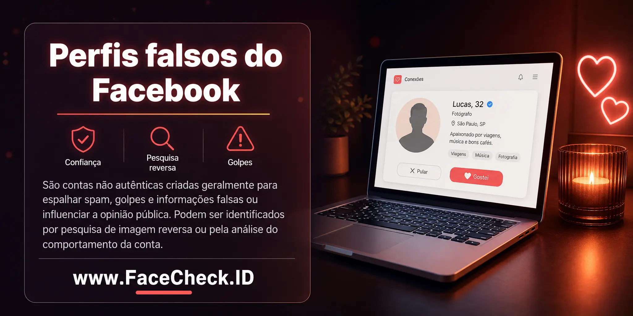 Perfis falsos do Facebook são contas não autênticas criadas geralmente para espalhar spam, golpes, informações falsas ou influenciar a opinião pública, podendo ser identificados por meio de pesquisa de imagem reversa ou análise de comportamento da conta.