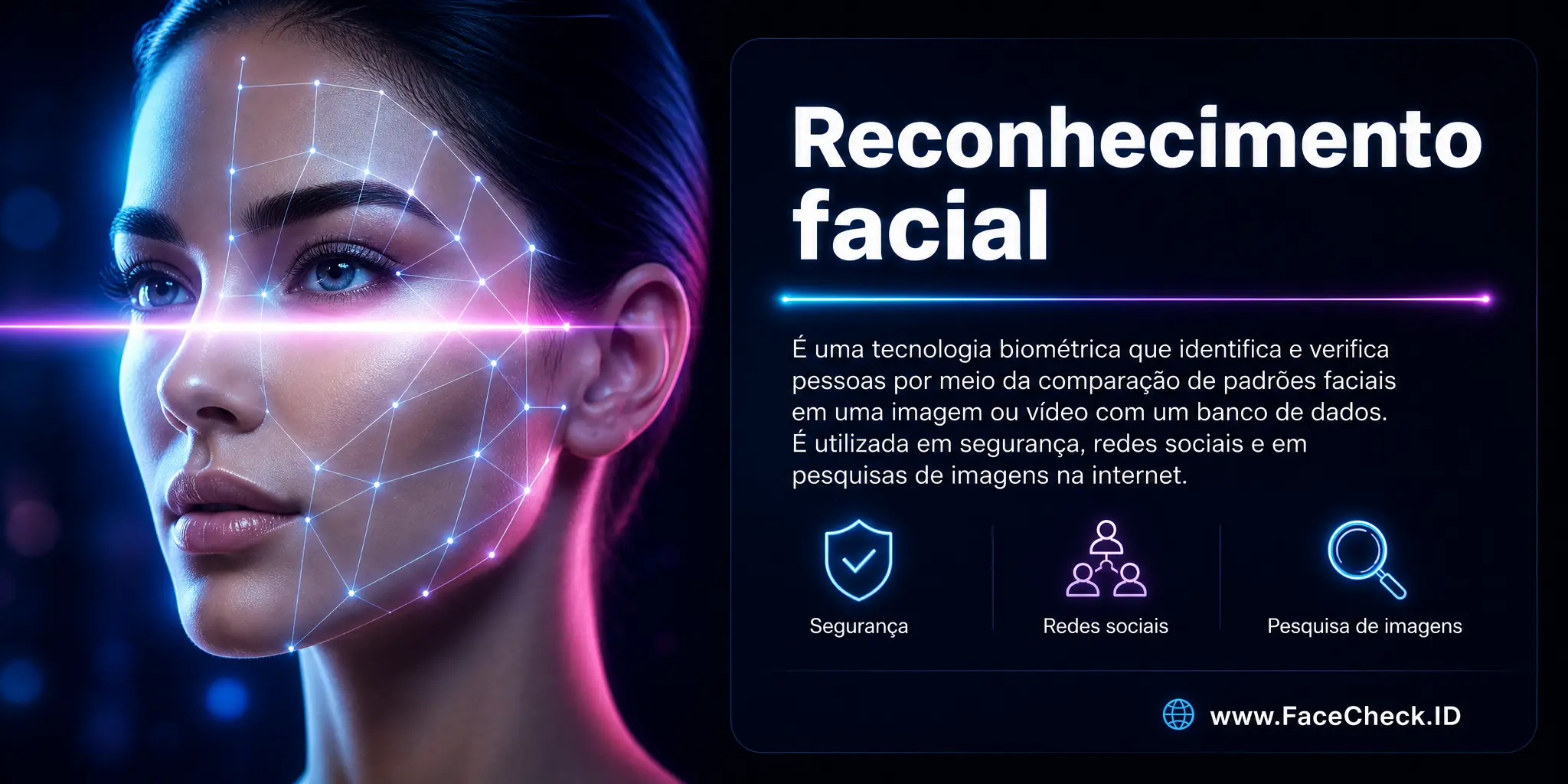 O reconhecimento facial é uma tecnologia biométrica que identifica e verifica pessoas através da comparação de padrões faciais em uma imagem ou vídeo com um banco de dados, sendo utilizada em segurança e redes sociais, além de pesquisas de imagens na internet.