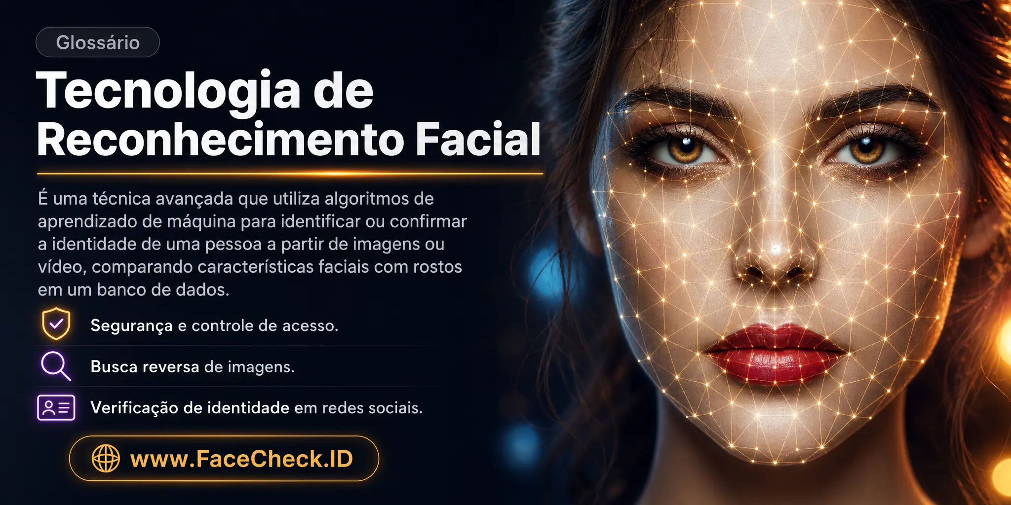 Tecnologia de Reconhecimento Facial é uma técnica avançada que utiliza algoritmos de aprendizado de máquina para identificar ou confirmar a identidade de uma pessoa através de uma imagem digital ou padrões de vídeo, comparando características faciais com rostos em um banco de dados, usada em segurança e outras aplicações como busca de imagem reversa e verificação de identidade em redes sociais.