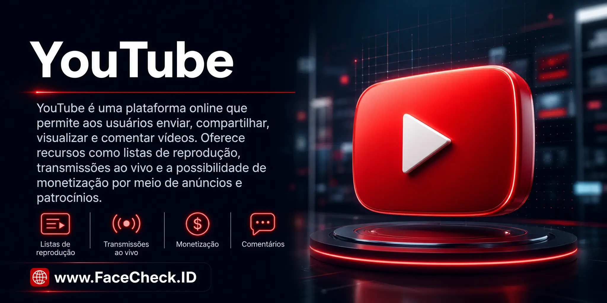 YouTube é uma plataforma online que permite aos usuários enviar, compartilhar, visualizar e comentar vídeos, além de oferecer recursos como listas de reprodução, transmissão ao vivo e a possibilidade de monetização por meio de anúncios e patrocínios.