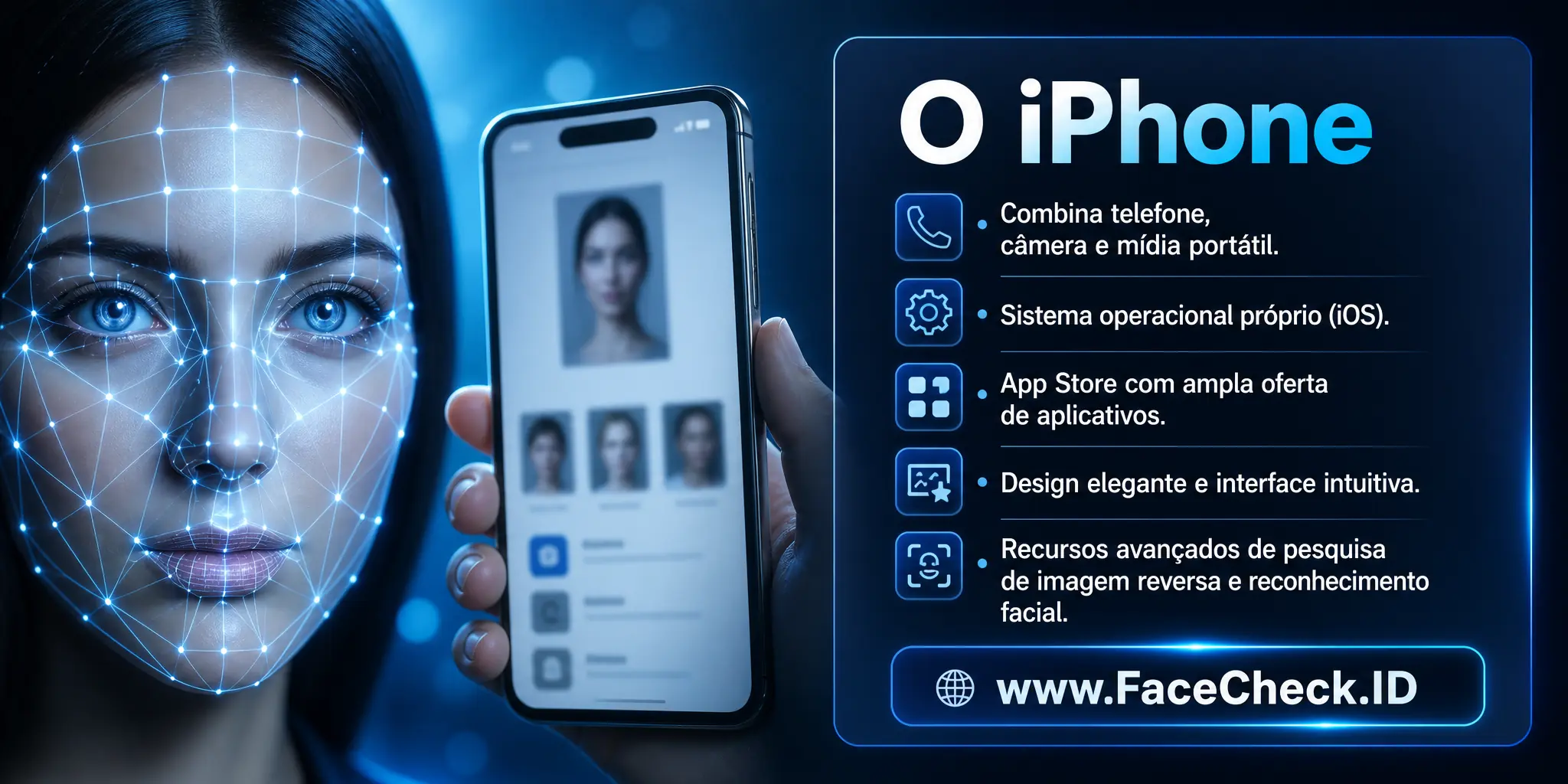 O iPhone é um smartphone da Apple que combina telefone, câmera e mídia portátil, possuindo um sistema operacional próprio (iOS), disponibilizando aplicativos na App Store, com características inovadoras, design elegante, interface de usuário intuitiva e capacidades avançadas de pesquisa de imagem reversa e reconhecimento facial.