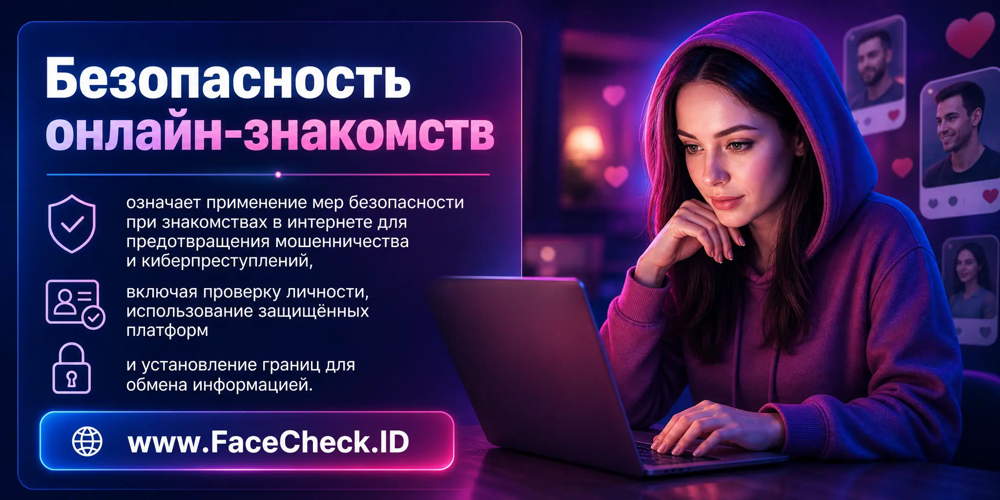 Безопасность онлайн-знакомств означает применение мер безопасности при знакомстве в интернете для предотвращения мошенничества и киберпреступлений, включая проверку личности, использование защищенных платформ и установление границ для обмена информацией.