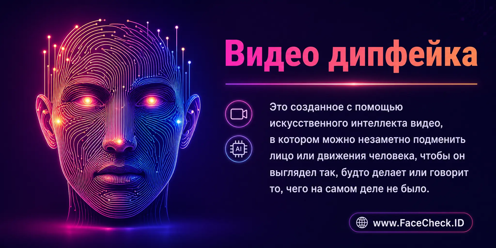 Видео дипфейка это созданное с помощью искусственного интеллекта видео, в котором можно незаметно подменить лицо или движения человека, чтобы он выглядел так, будто делает или говорит то, чего на самом деле не было.