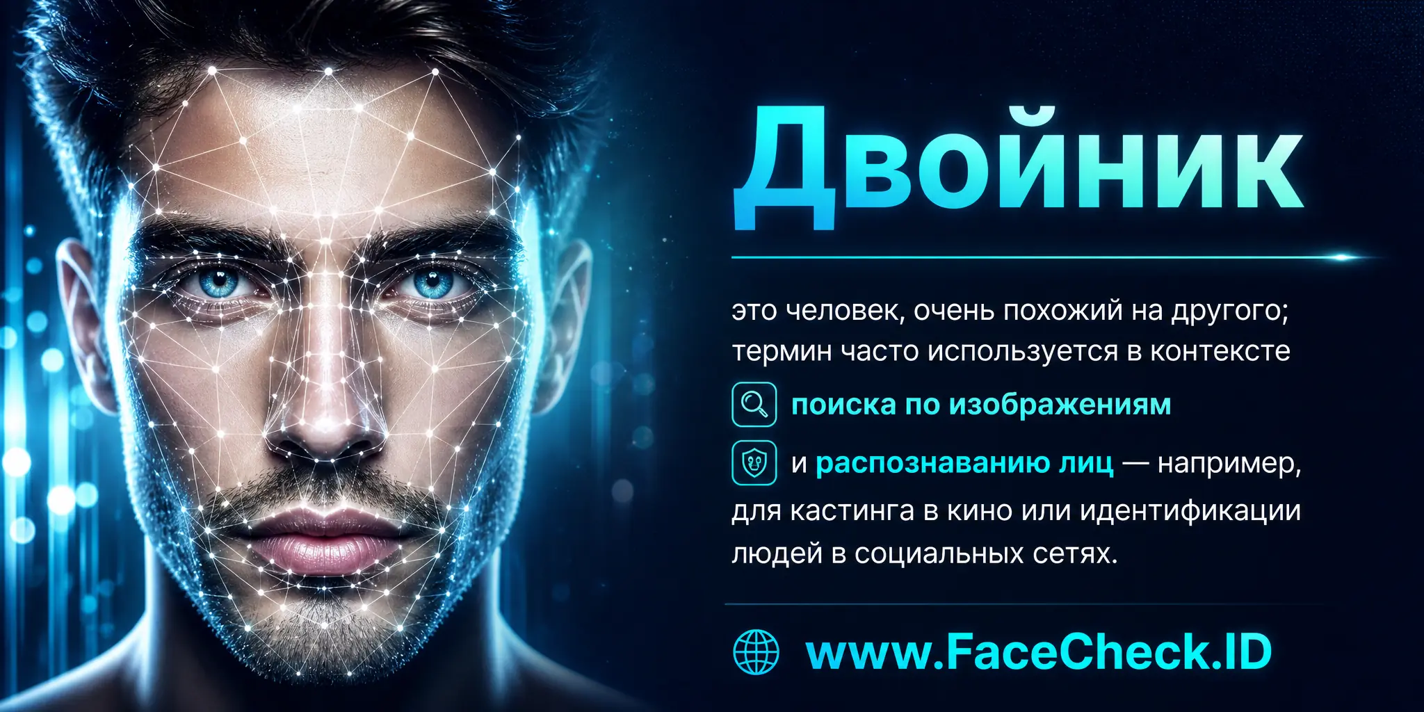 Двойник это человек, очень похожий на другого, часто используется в контексте поиска по изображениям и распознаванию лиц, например, для кастинга в кино или идентификации людей в социальных сетях.
