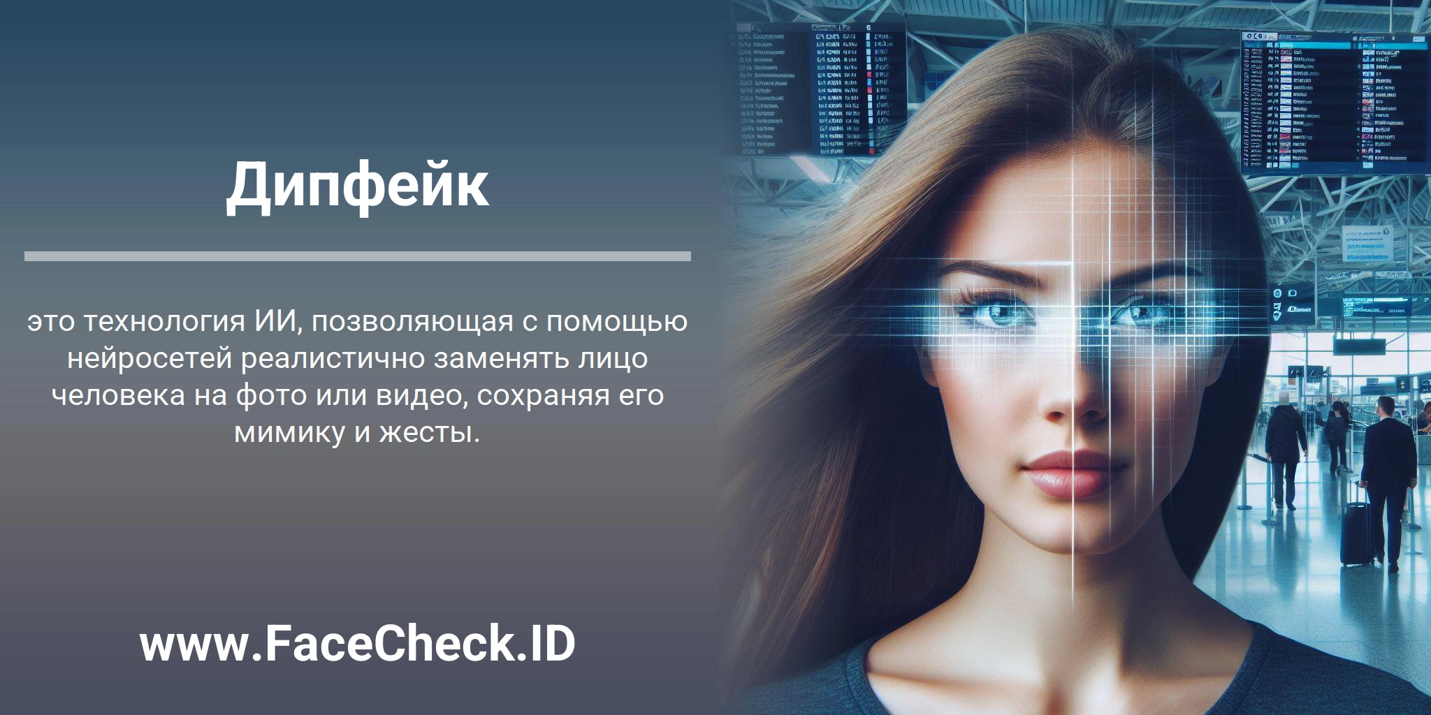 Дипфейк это технология ИИ, позволяющая с помощью нейросетей реалистично заменять лицо человека на фото или видео, сохраняя его мимику и жесты.