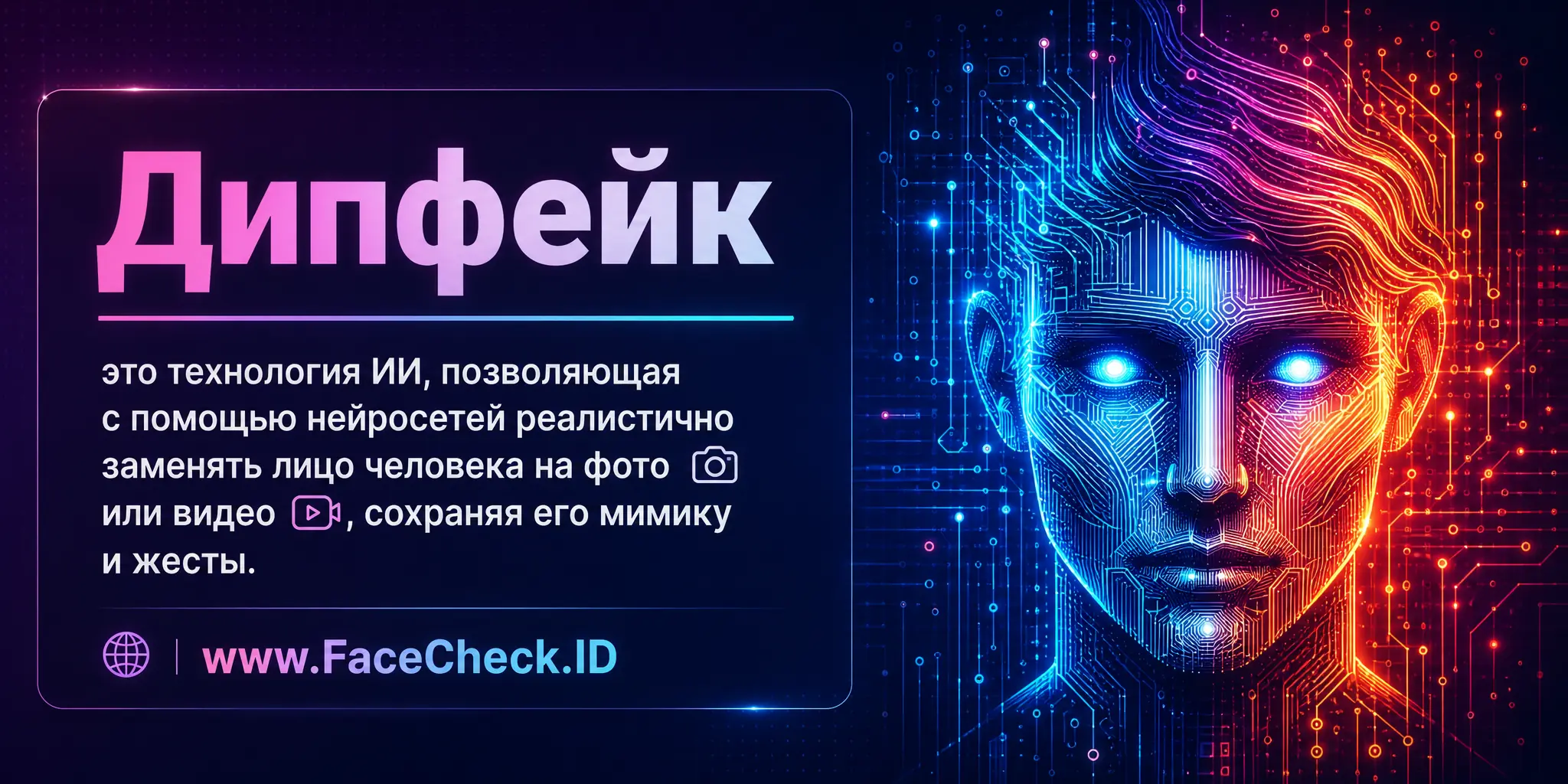 Дипфейк это технология ИИ, позволяющая с помощью нейросетей реалистично заменять лицо человека на фото или видео, сохраняя его мимику и жесты.