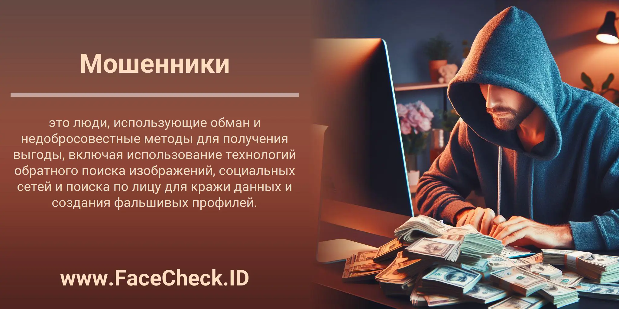 Мошенники это люди, использующие обман и недобросовестные методы для получения выгоды, включая использование технологий обратного поиска изображений, социальных сетей и поиска по лицу для кражи данных и создания фальшивых профилей.