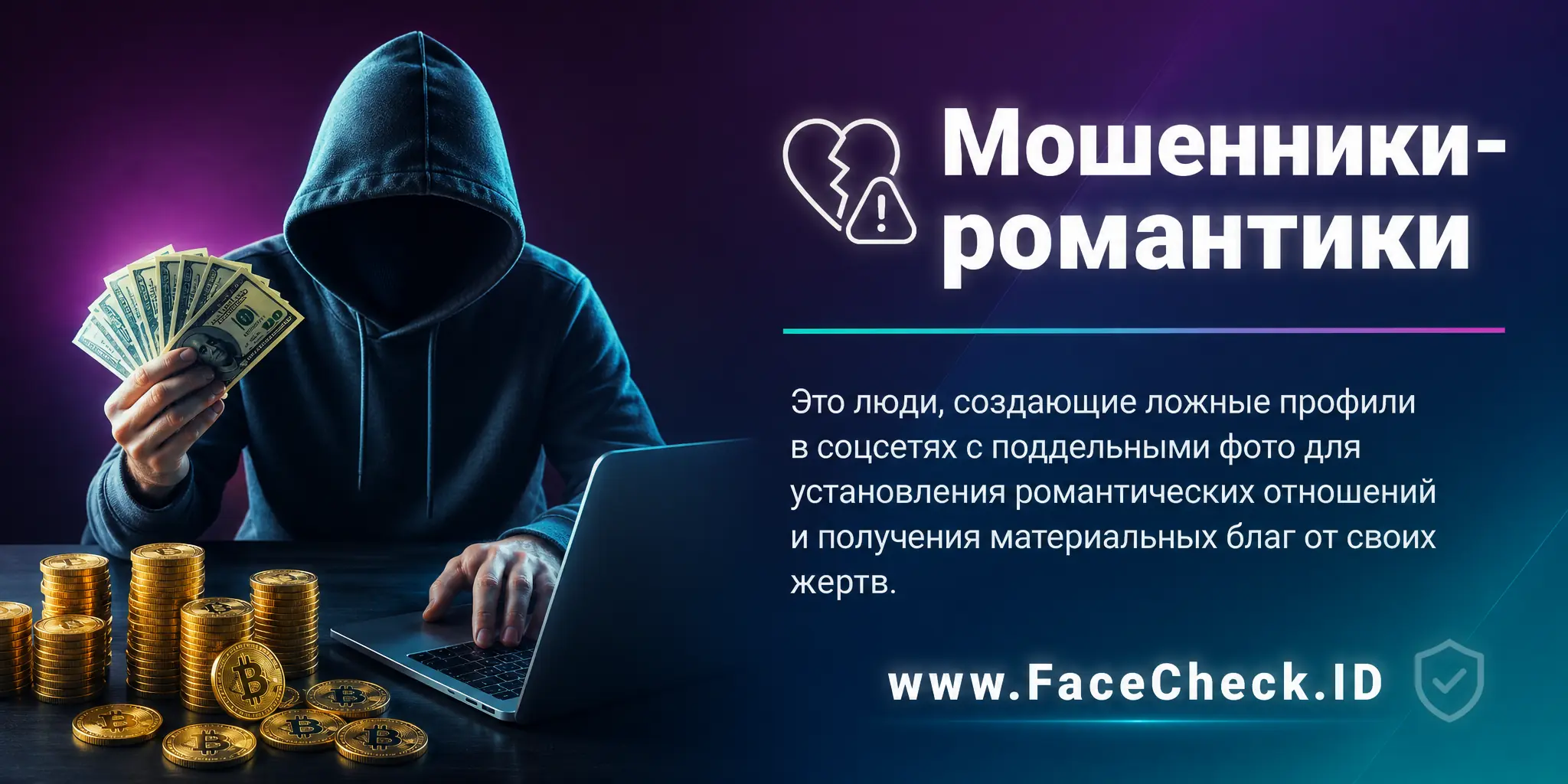 Мошенники-Романтики это люди, создающие ложные профили в соцсетях с поддельными фото для установления романтических отношений и получения материальных благ от своих жертв.