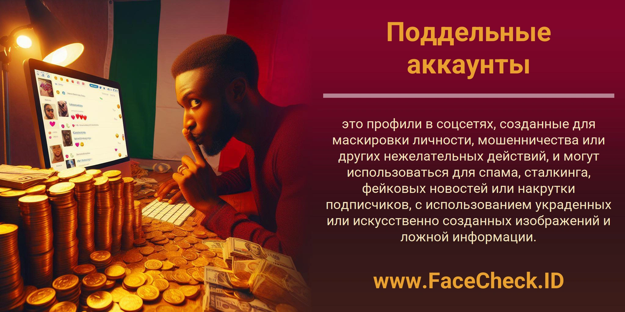 Поддельные аккаунты это профили в соцсетях, созданные для маскировки личности, мошенничества или других нежелательных действий, и могут использоваться для спама, сталкинга, фейковых новостей или накрутки подписчиков, с использованием украденных или искусственно созданных изображений и ложной информации.