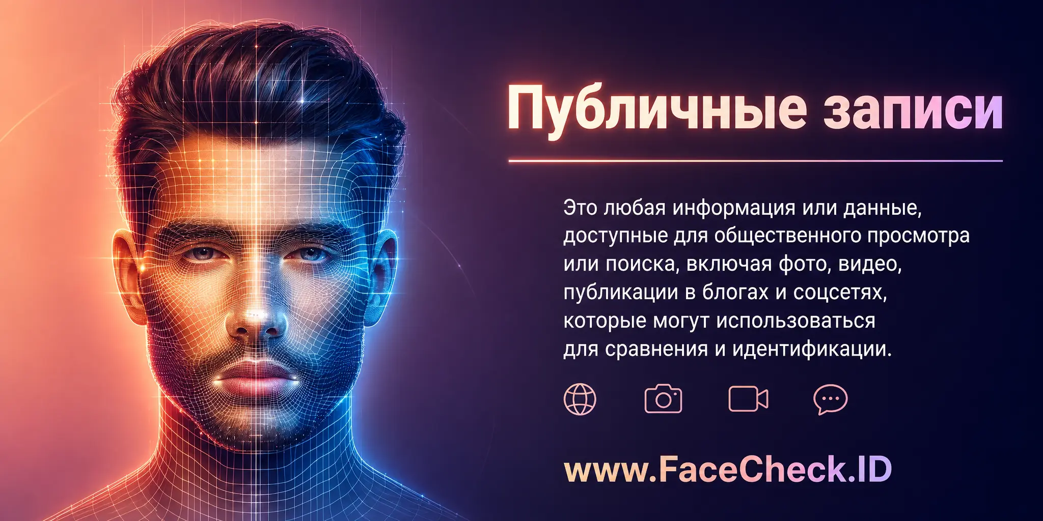 Публичные записи это любая информация или данные, доступные для общественного просмотра или поиска, включая фото, видео, посты в блогах и соцсетях, которые могут использоваться для сравнения и идентификации.