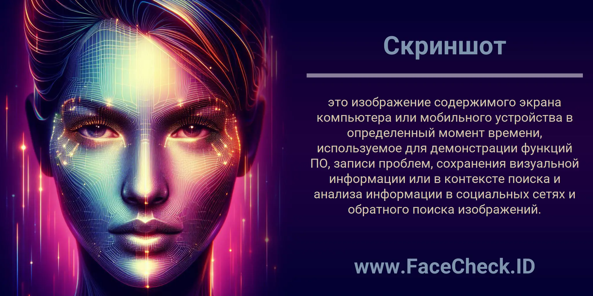 Скриншот это изображение содержимого экрана компьютера или мобильного устройства в определенный момент времени, используемое для демонстрации функций ПО, записи проблем, сохранения визуальной информации или в контексте поиска и анализа информации в социальных сетях и обратного поиска изображений.