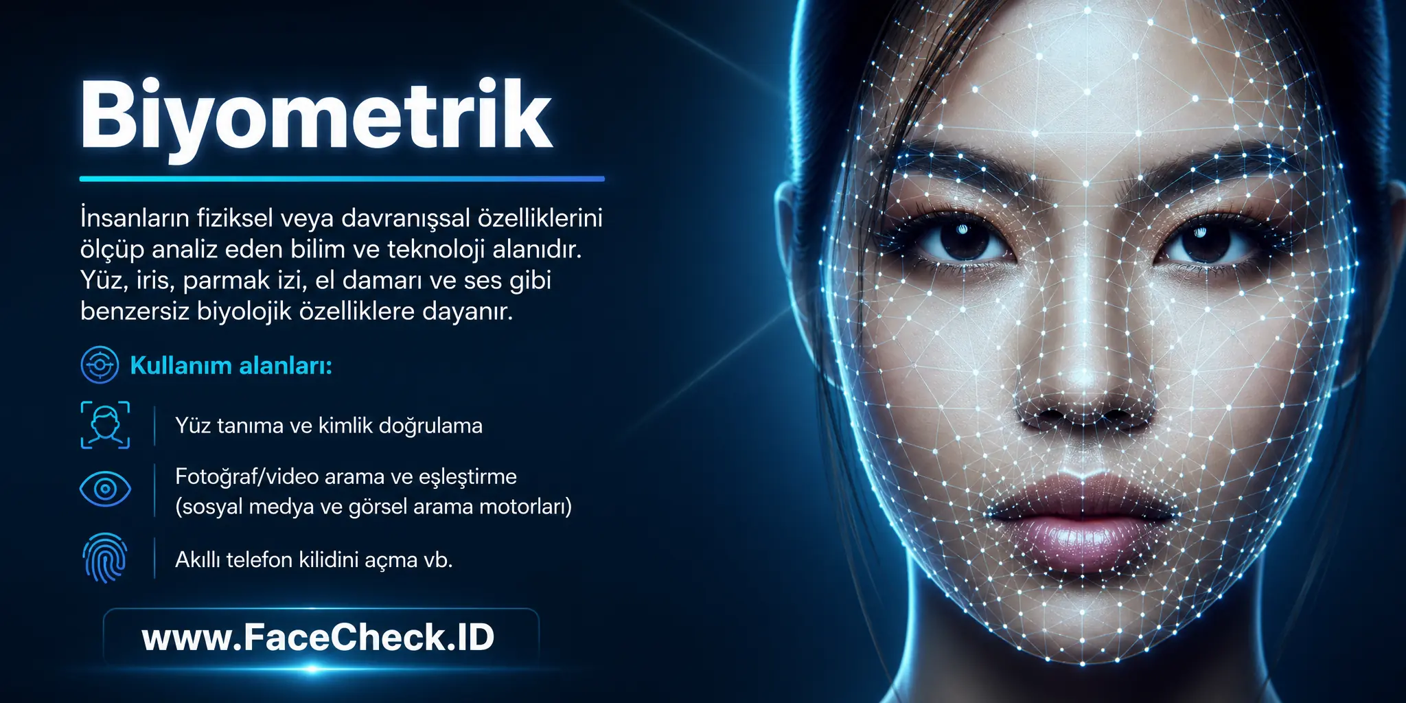 Biyometrik insanların fiziksel ya da davranışsal özelliklerini ölçüp analiz eden bir bilim dalıdır ve yüz, iris, parmak izi, el damarı ve ses tanıma gibi çeşitli özelliklere dayanabilir; bu teknoloji, sosyal medya platformları ve resim arama motorları tarafından yüz tanıma, bir fotoğraf ya da video bulma veya bir akıllı telefonun kilidini açma gibi amaçlarla kullanılır.
