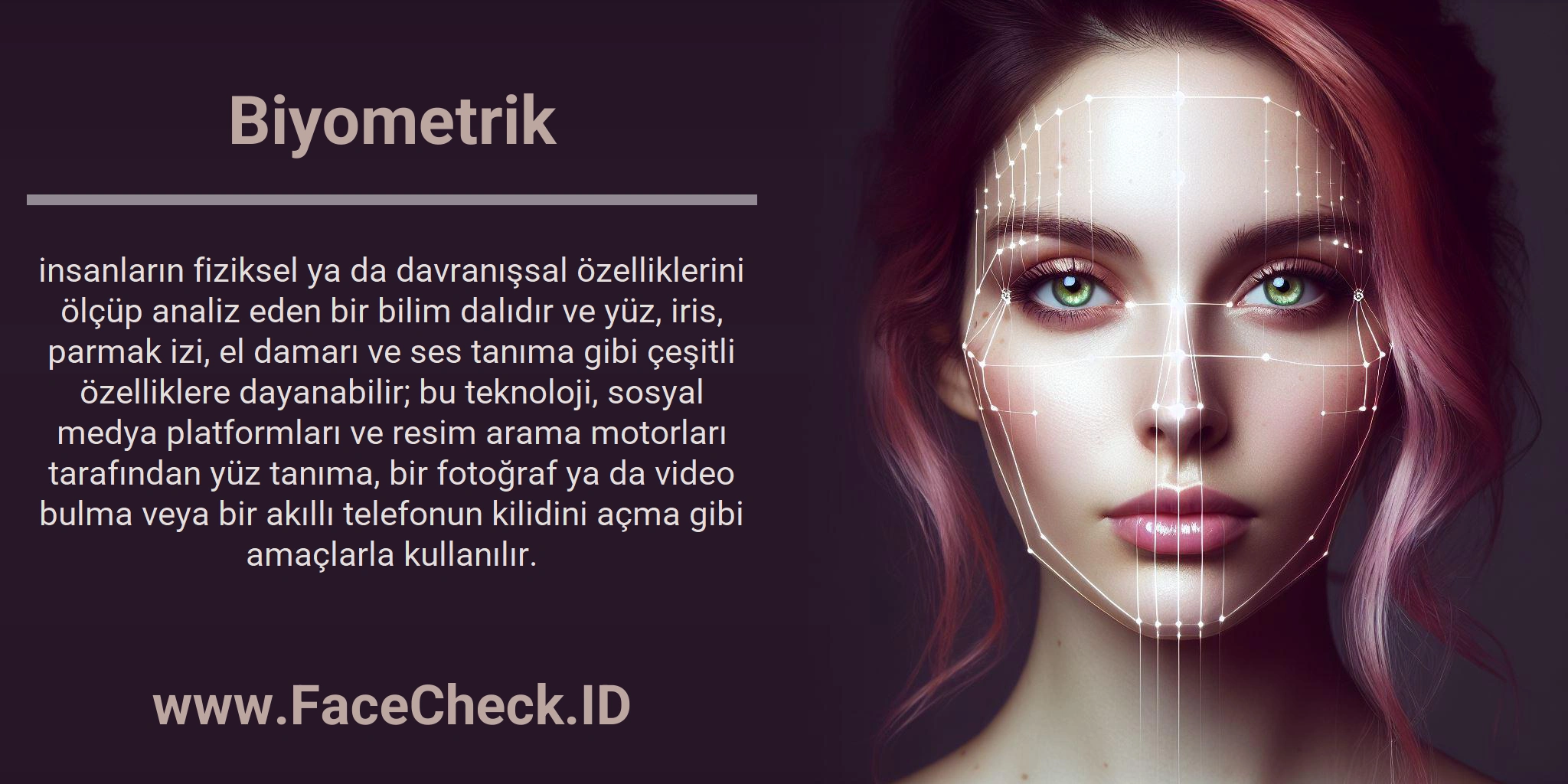 Biyometrik insanların fiziksel ya da davranışsal özelliklerini ölçüp analiz eden bir bilim dalıdır ve yüz, iris, parmak izi, el damarı ve ses tanıma gibi çeşitli özelliklere dayanabilir; bu teknoloji, sosyal medya platformları ve resim arama motorları tarafından yüz tanıma, bir fotoğraf ya da video bulma veya bir akıllı telefonun kilidini açma gibi amaçlarla kullanılır.