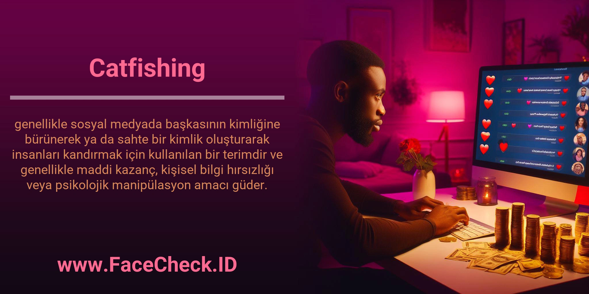 Catfishing genellikle sosyal medyada başkasının kimliğine bürünerek ya da sahte bir kimlik oluşturarak insanları kandırmak için kullanılan bir terimdir ve genellikle maddi kazanç, kişisel bilgi hırsızlığı veya psikolojik manipülasyon amacı güder.