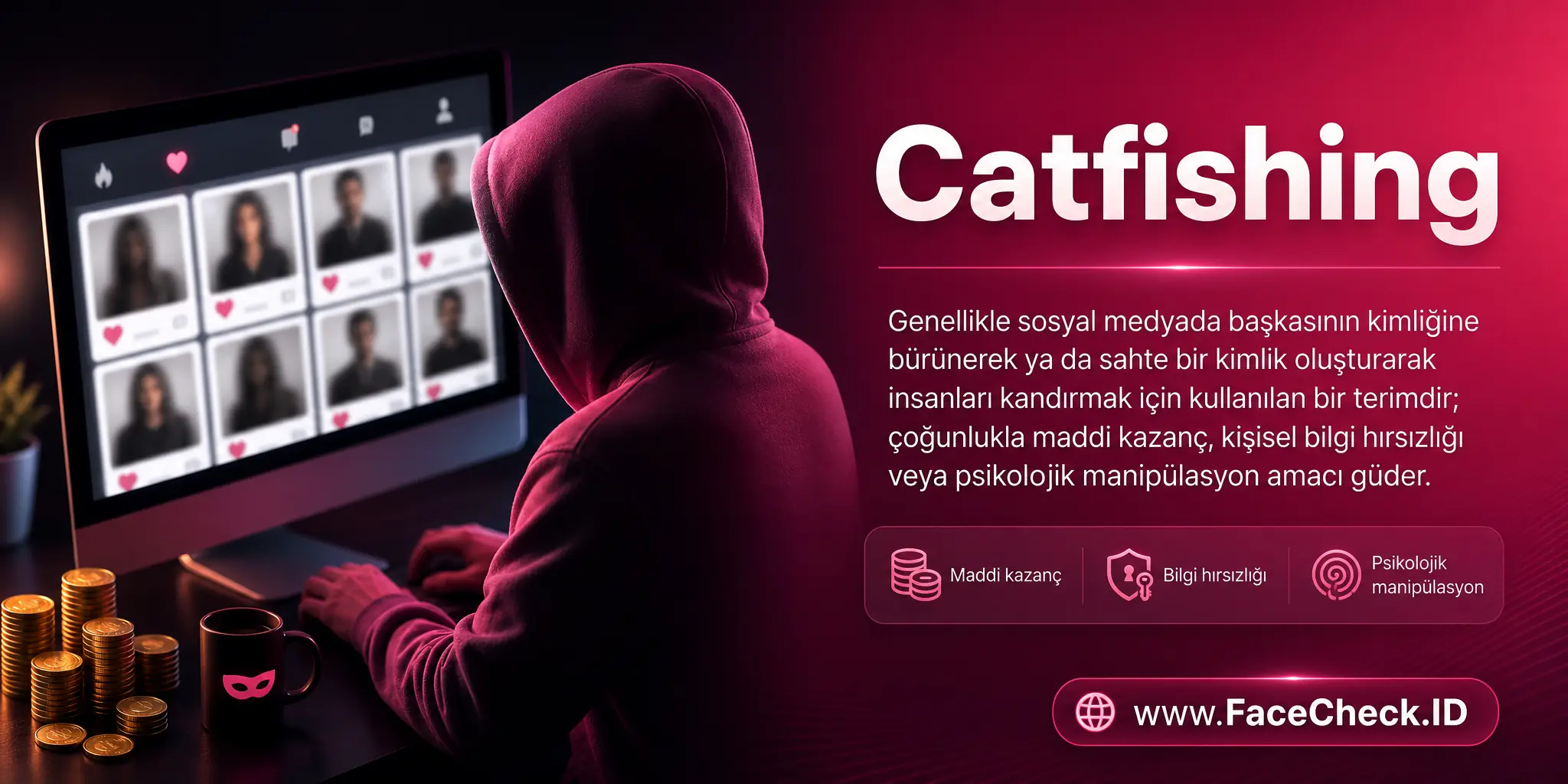 Catfishing genellikle sosyal medyada başkasının kimliğine bürünerek ya da sahte bir kimlik oluşturarak insanları kandırmak için kullanılan bir terimdir ve genellikle maddi kazanç, kişisel bilgi hırsızlığı veya psikolojik manipülasyon amacı güder.