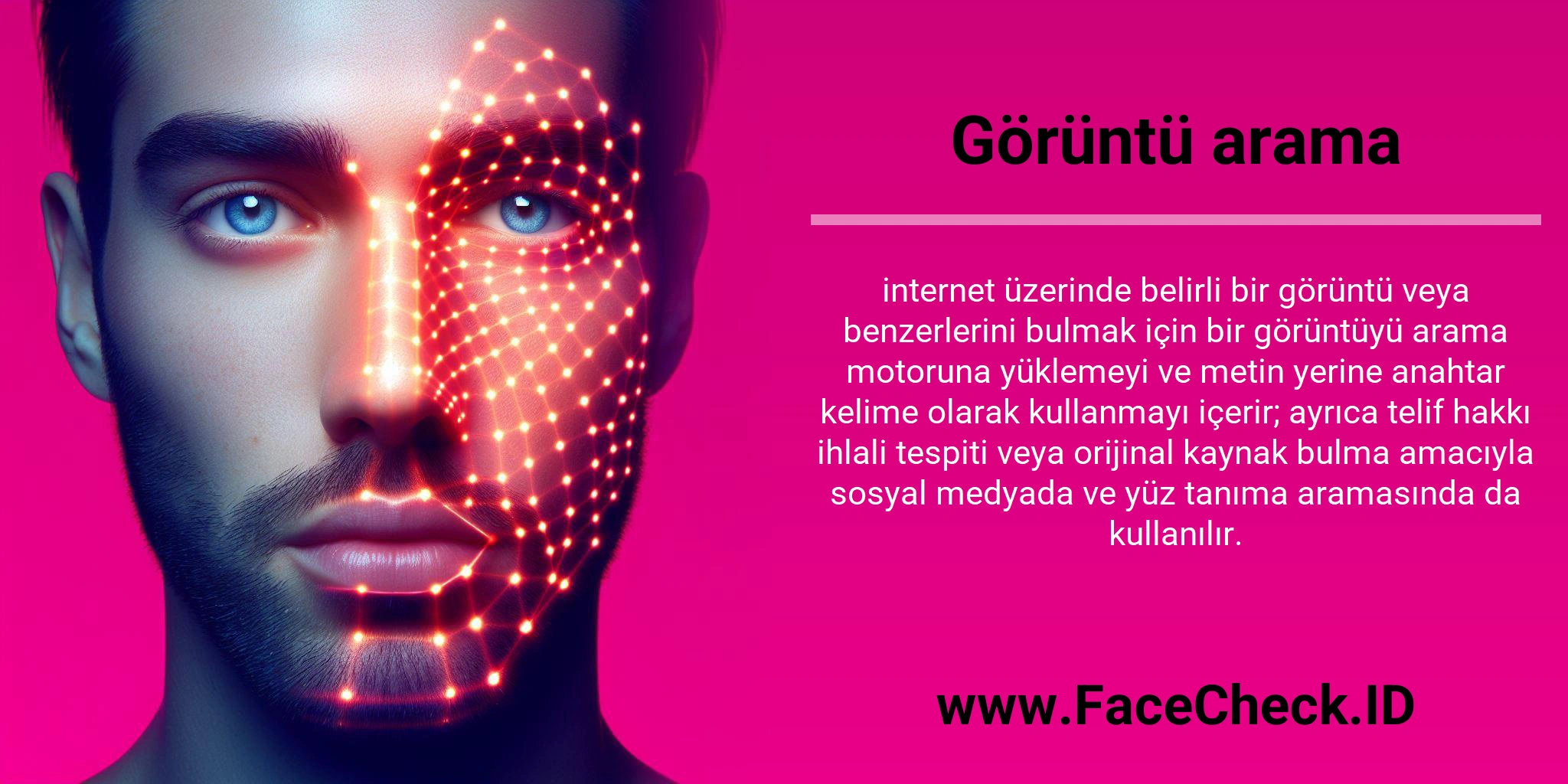 Görüntü arama internet üzerinde belirli bir görüntü veya benzerlerini bulmak için bir görüntüyü arama motoruna yüklemeyi ve metin yerine anahtar kelime olarak kullanmayı içerir; ayrıca telif hakkı ihlali tespiti veya orijinal kaynak bulma amacıyla sosyal medyada ve yüz tanıma aramasında da kullanılır.