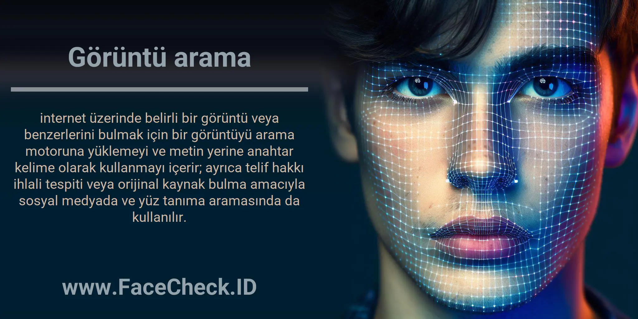 Görüntü arama internet üzerinde belirli bir görüntü veya benzerlerini bulmak için bir görüntüyü arama motoruna yüklemeyi ve metin yerine anahtar kelime olarak kullanmayı içerir; ayrıca telif hakkı ihlali tespiti veya orijinal kaynak bulma amacıyla sosyal medyada ve yüz tanıma aramasında da kullanılır.